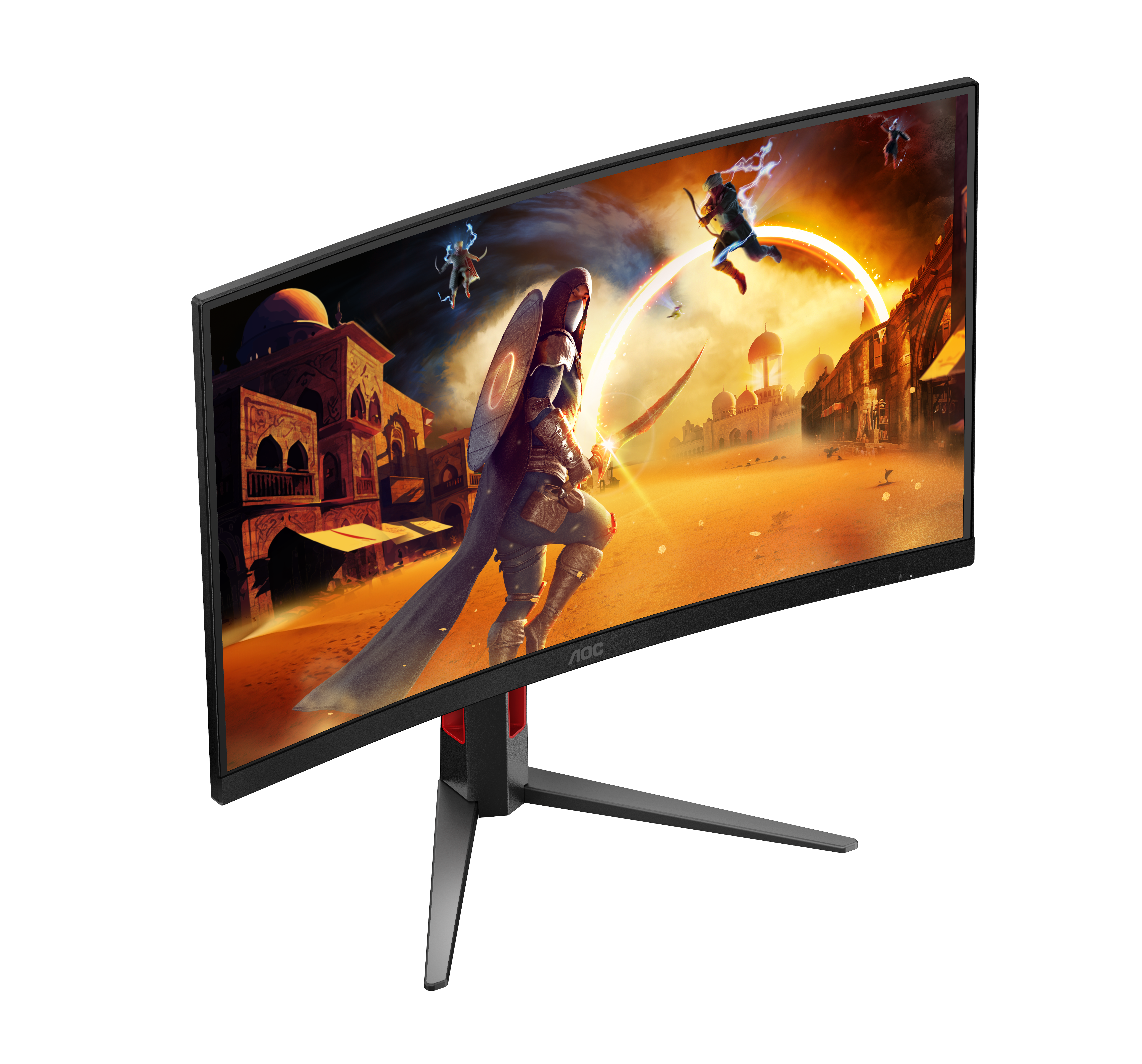 Ein gebogener AOC Gaming-Monitor zeigt ein Fantasy-Spielbild vor dem Hintergrund einer Wüstenstadt.