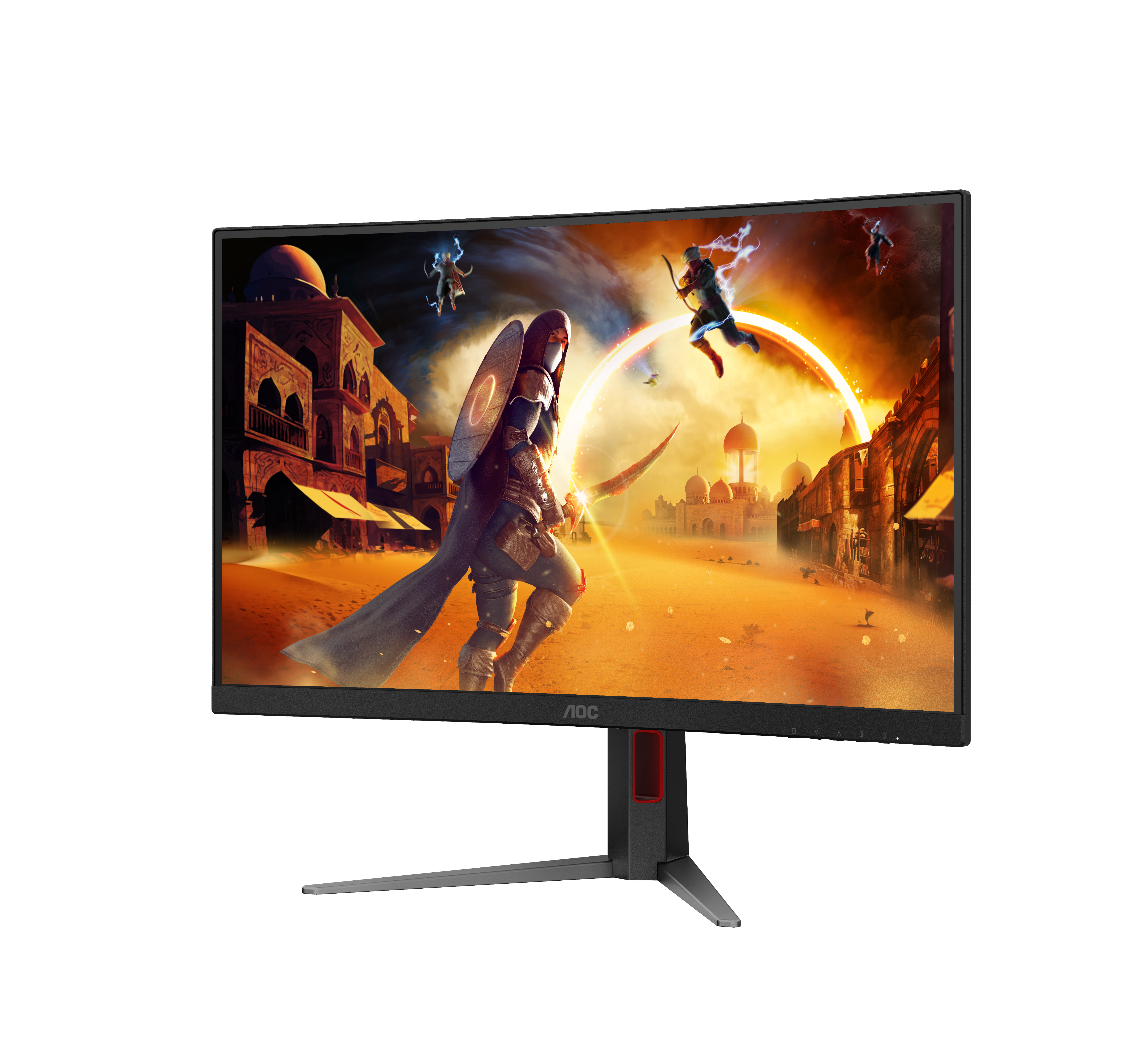 Gebogener AOC Gaming-Monitor zeigt eine Fantasy-Wüstenschlacht mit Kriegern vor einem orange leuchtenden Himmel.