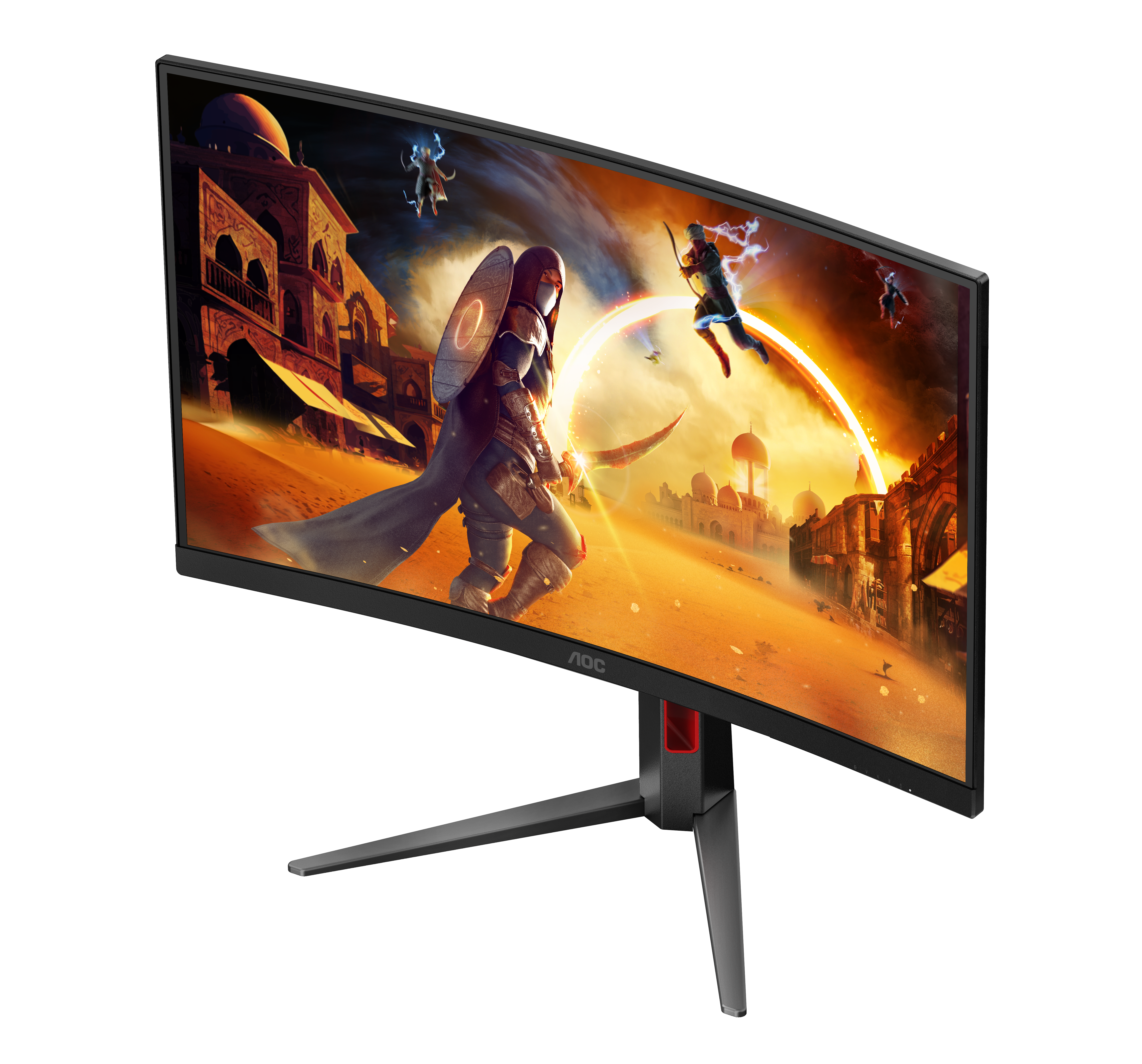 Ein gebogener AOC-Gaming-Monitor zeigt eine Fantasy-Wüstenszene mit Kriegern vor antiken Gebäuden.