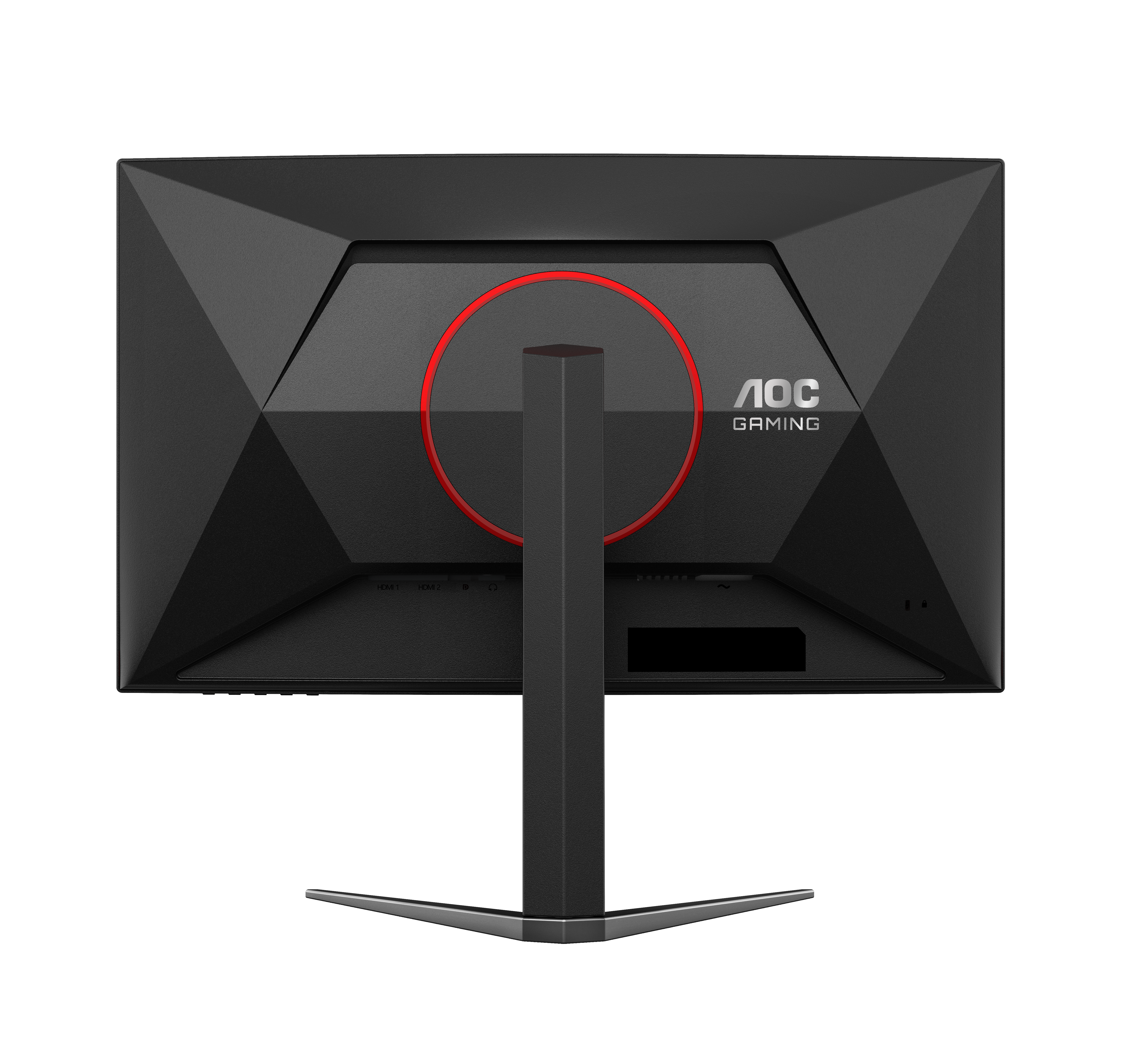 Rückseite eines schwarzen AOC Gaming-Monitors mit rotem Kreis und Standfuß auf weißem Hintergrund.