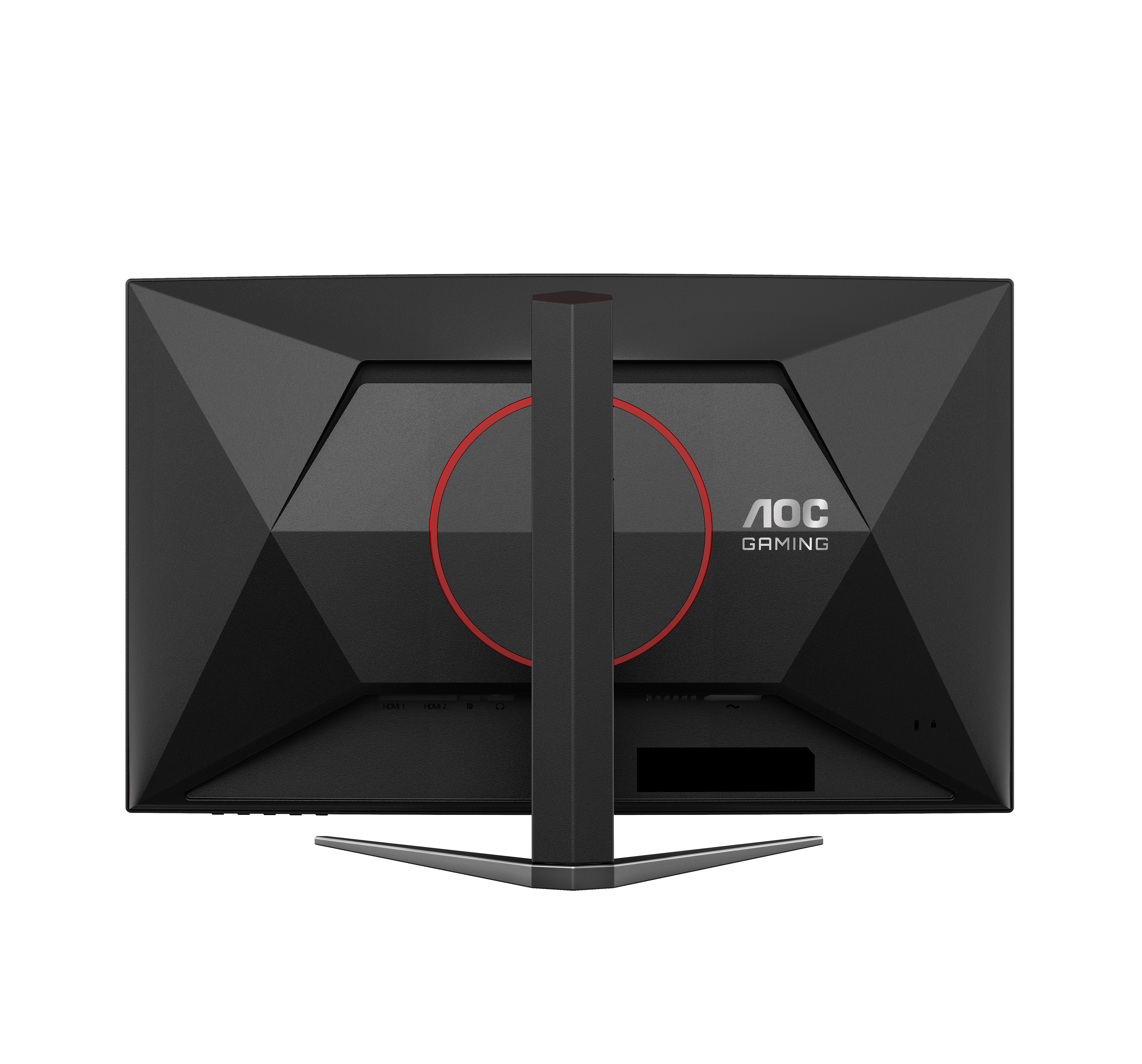 Rückseite eines schwarzen AOC Gaming-Monitors mit rotem Ringdetail, Ständer und Anschlüssen auf weißem Grund.