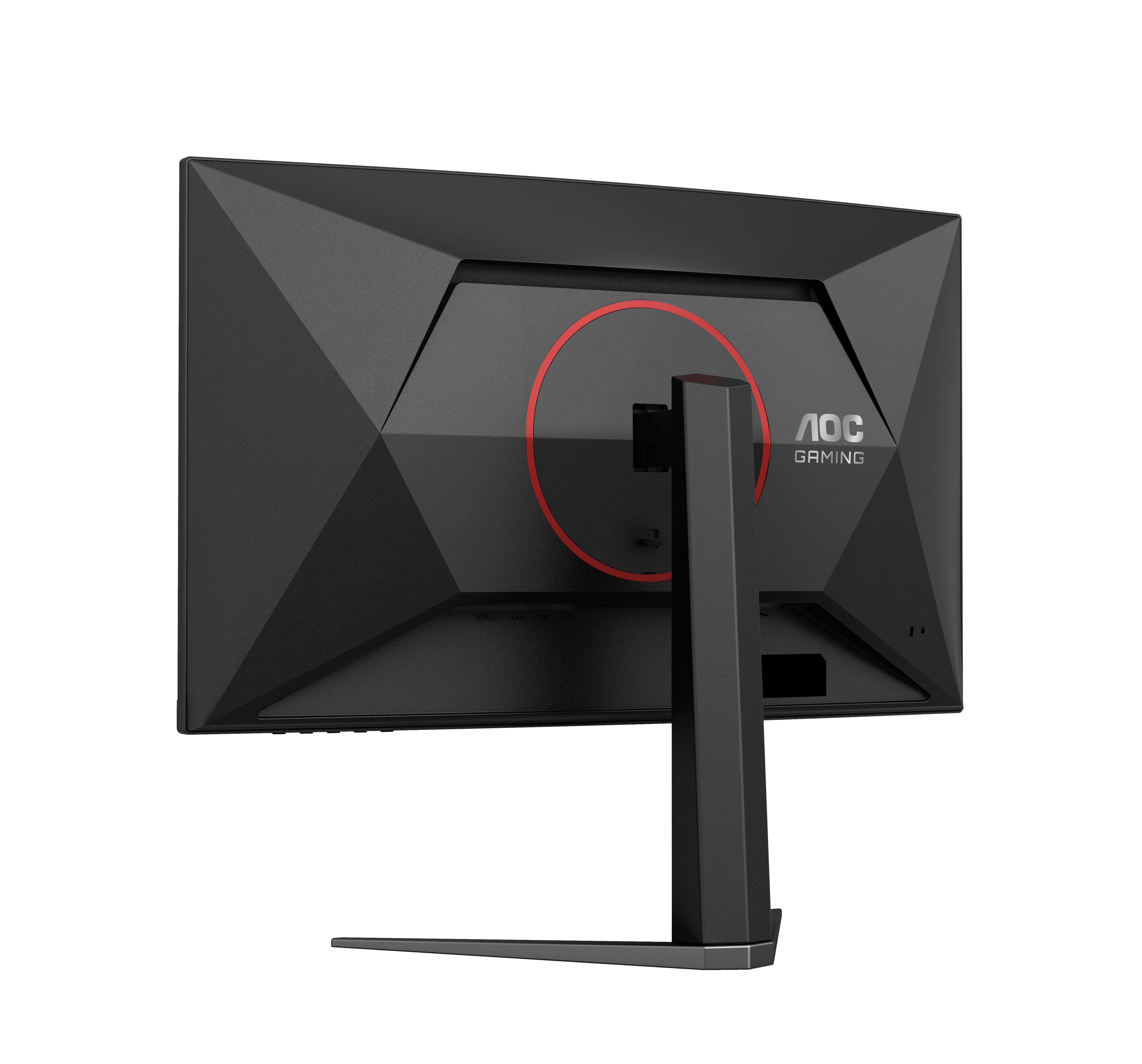Rückansicht eines schwarzen AOC Gaming-Monitors mit rotem Ringakzent und Standfuß auf weißem Hintergrund.