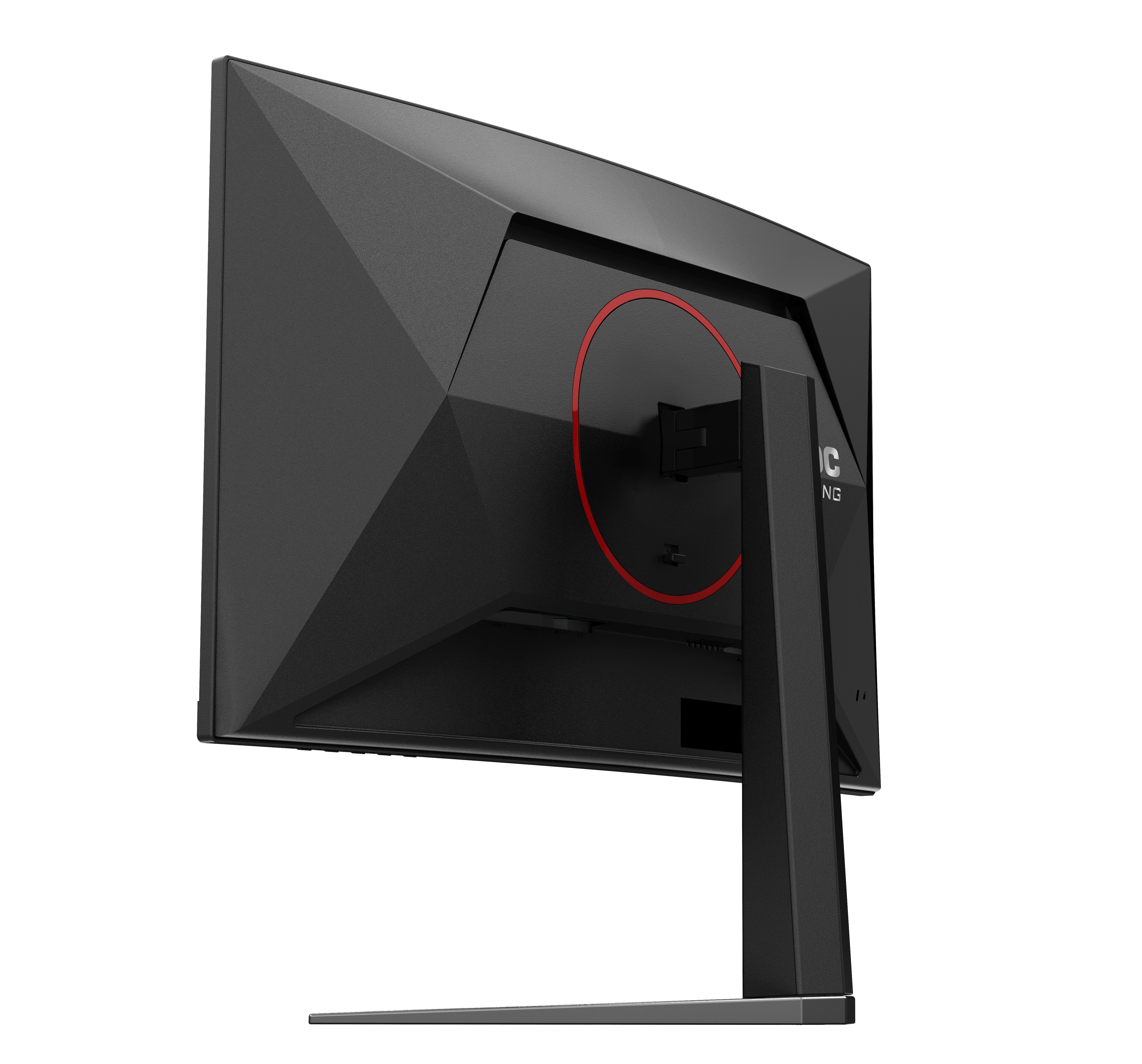 Rückansicht eines schwarzen Computermonitors auf einem Standfuß mit rotem Ringdetail.
