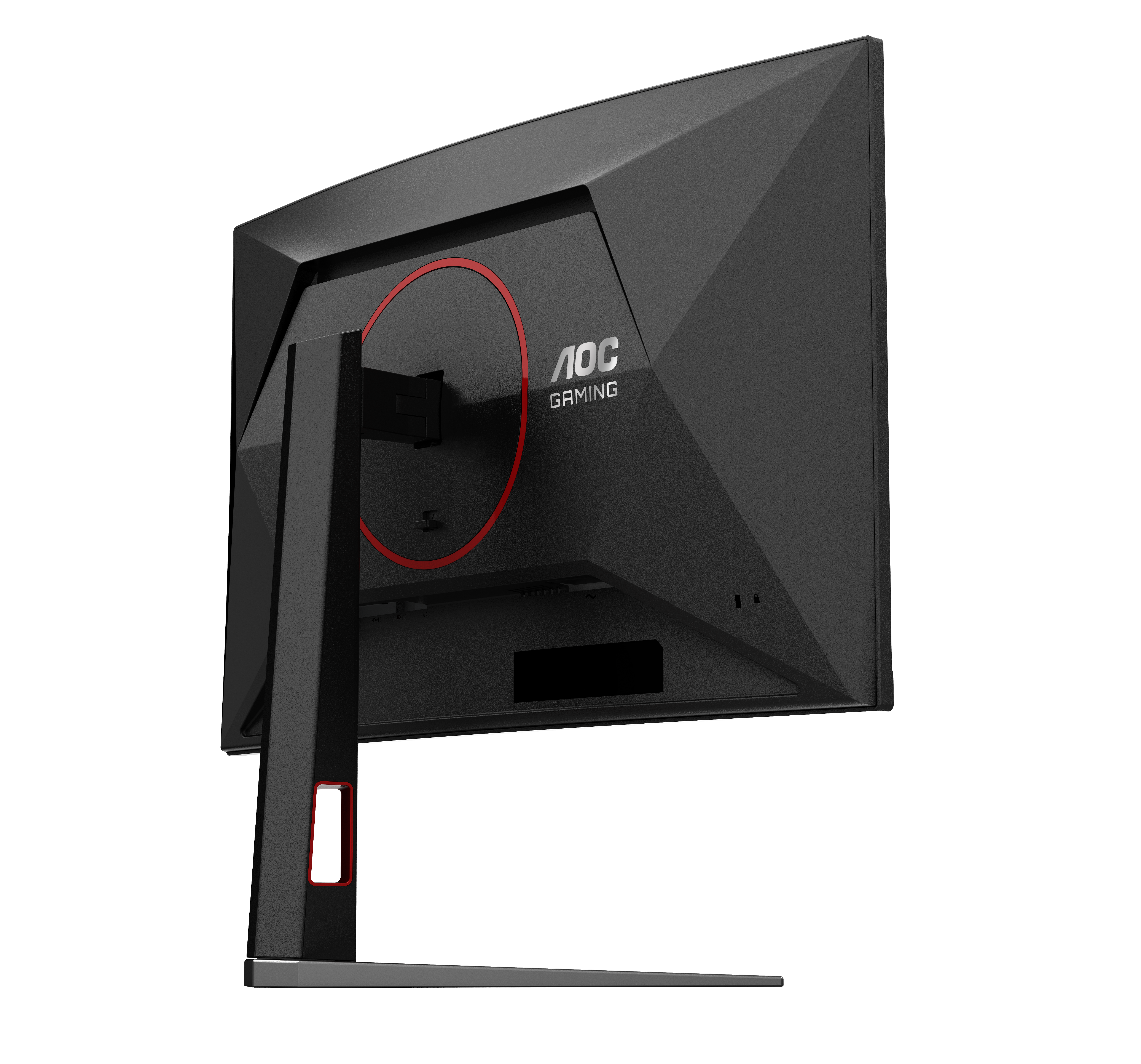 Rückansicht eines schwarzen AOC Gaming-Monitors mit rotem Ring und Standfuß.