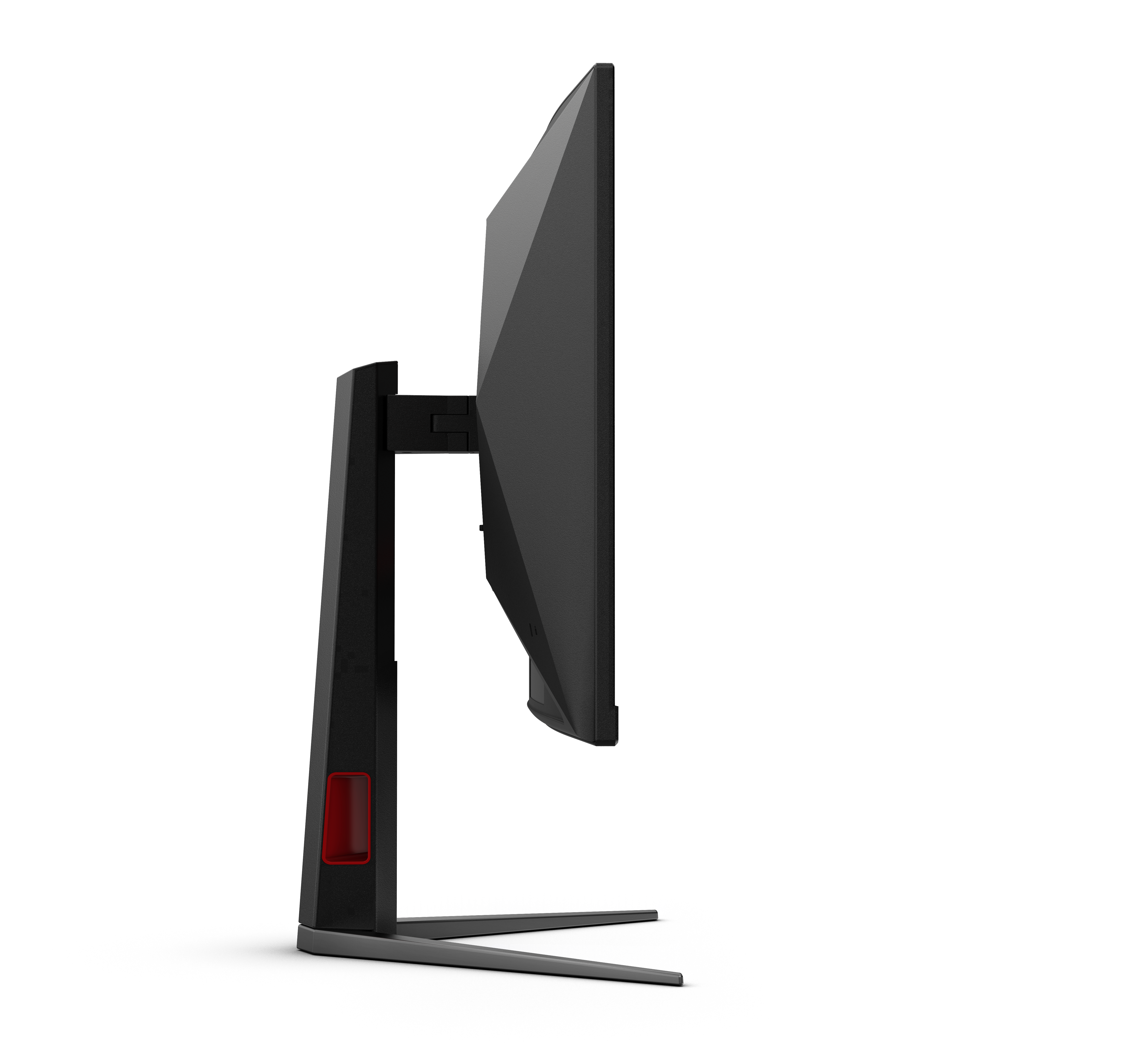 Seitenansicht eines schwarzen Computermonitors mit Ständer auf weißem Hintergrund.