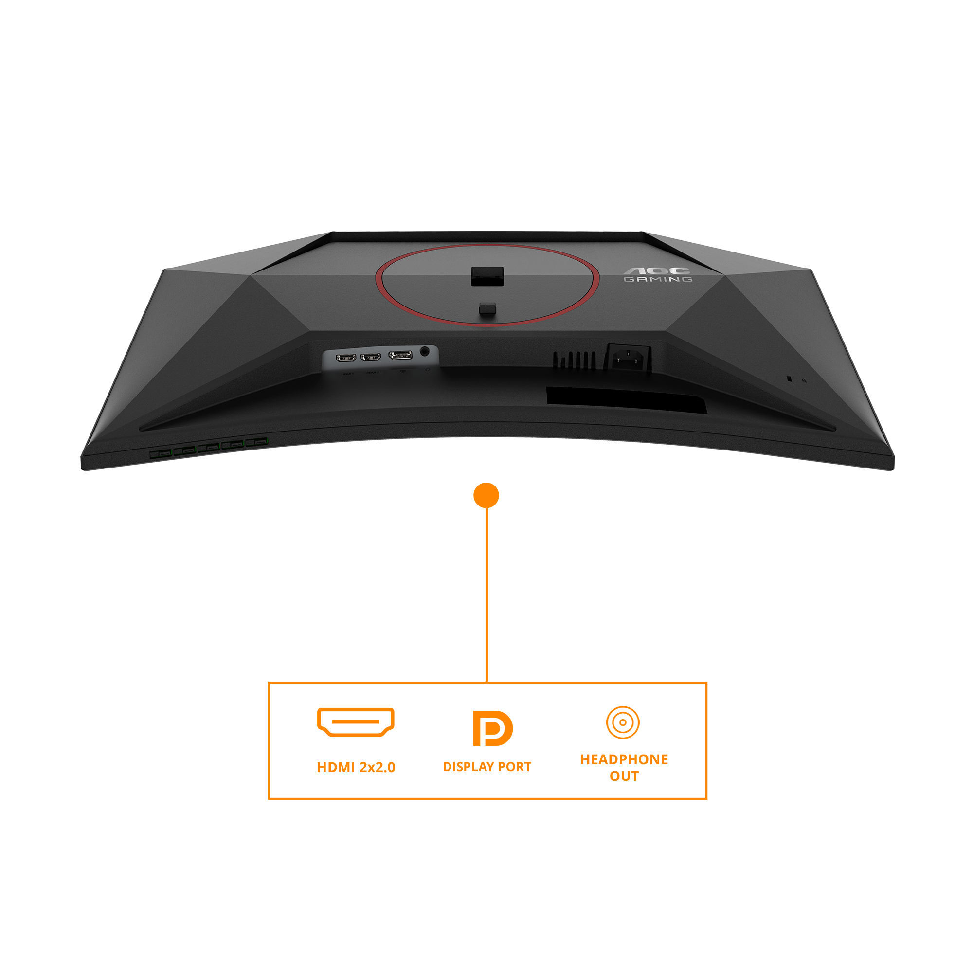Rückseite eines AOC Gaming-Monitors mit Anschlüssen für HDMI, DisplayPort und Kopfhörer.