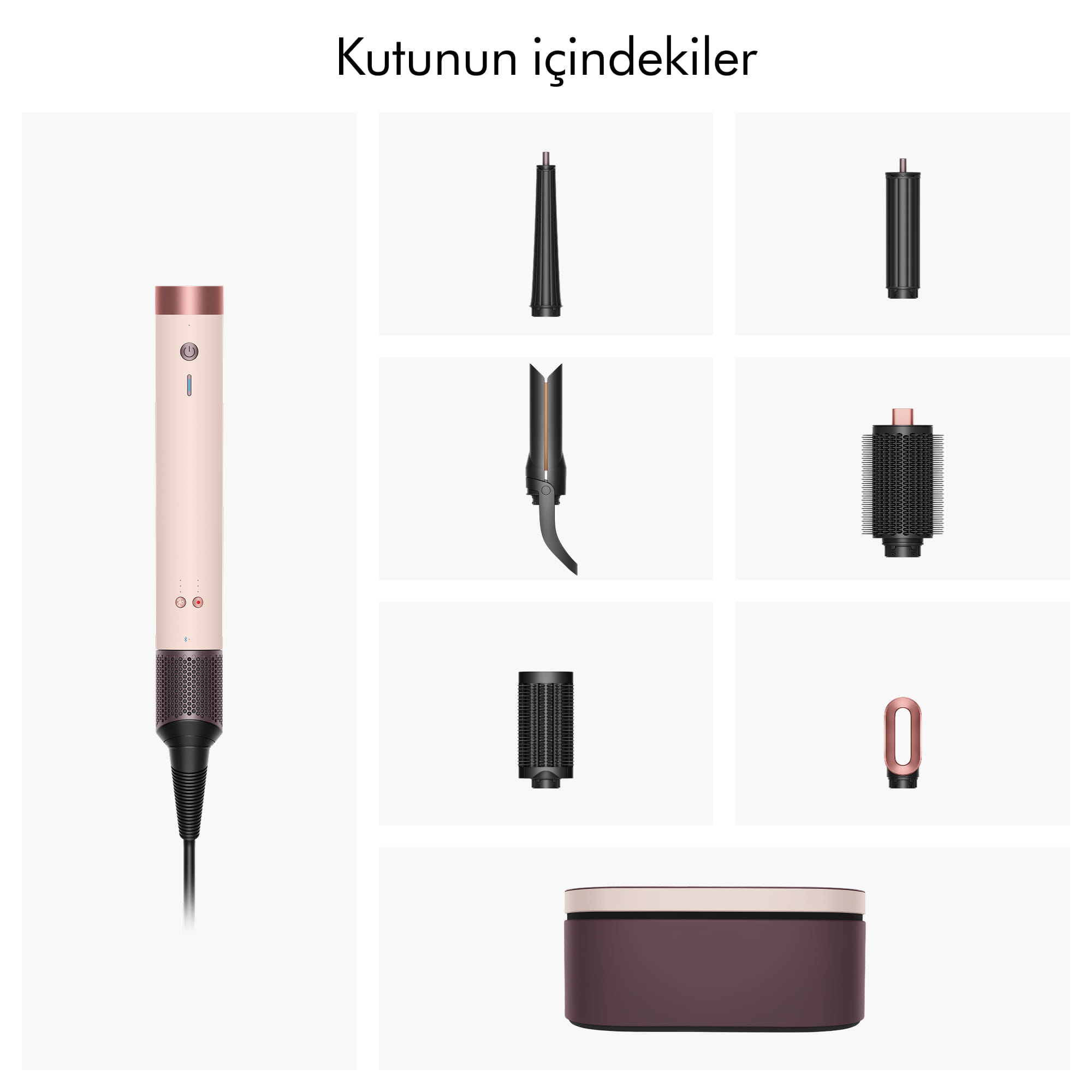 Beyaz arka planda başlıkları ve saklama kutusu olan pembe saç şekillendirici cihaz.