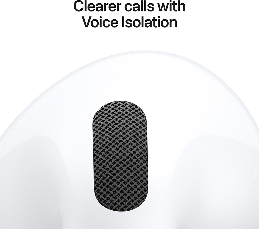 Közelkép egy fehér fülhallgatóról fekete mikrofonrccsal, a "Clearer calls with Voice Isolation" felirattal.