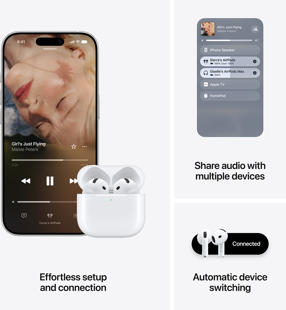 Okostelefon és AirPods egyszerű beállítással, hangmegosztással és automatikus váltással.