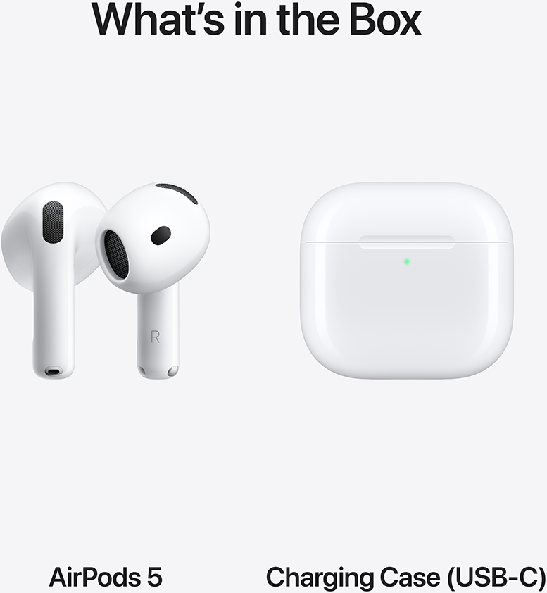 Fehér AirPods 5 és USB-C töltőtok fehér háttér előtt.