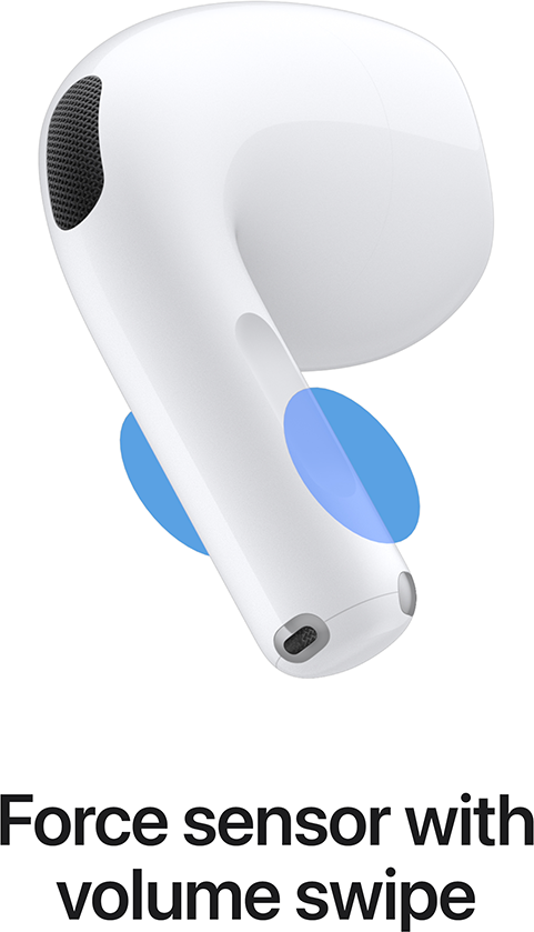Egy fehér fülhallgató kék jelzéssel, lent a Force sensor with volume swipe felirattal.