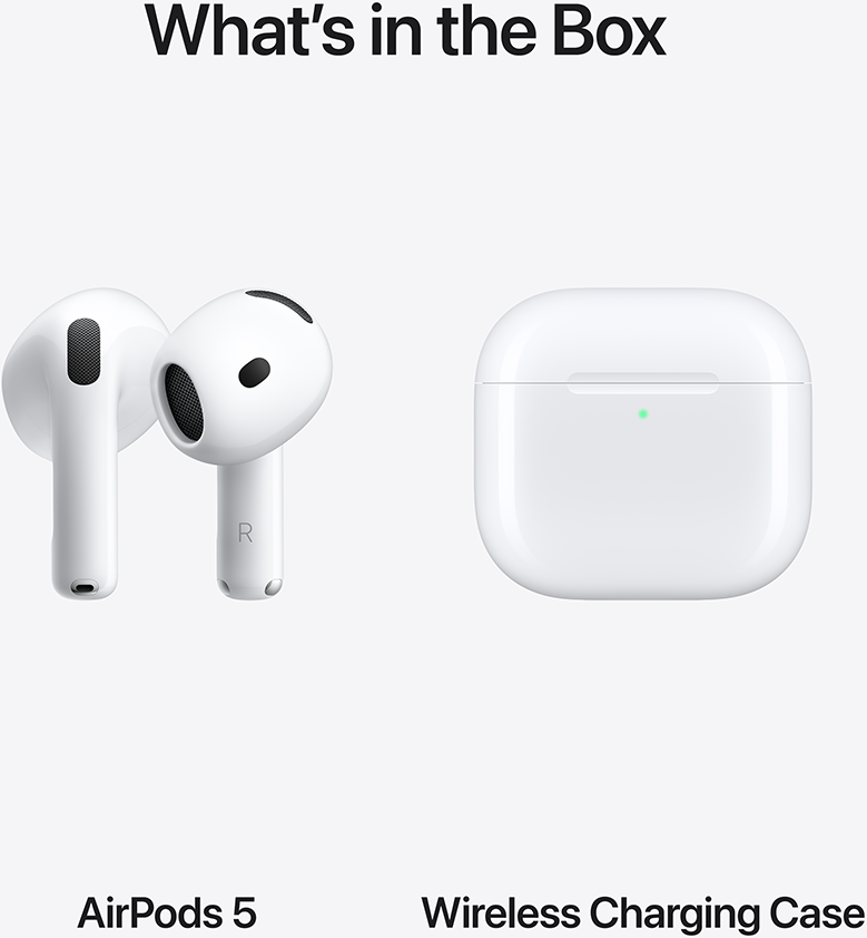 Feher AirPods 5 es egy vezetek nelkuli toltohasznalat vilagos hatteren.