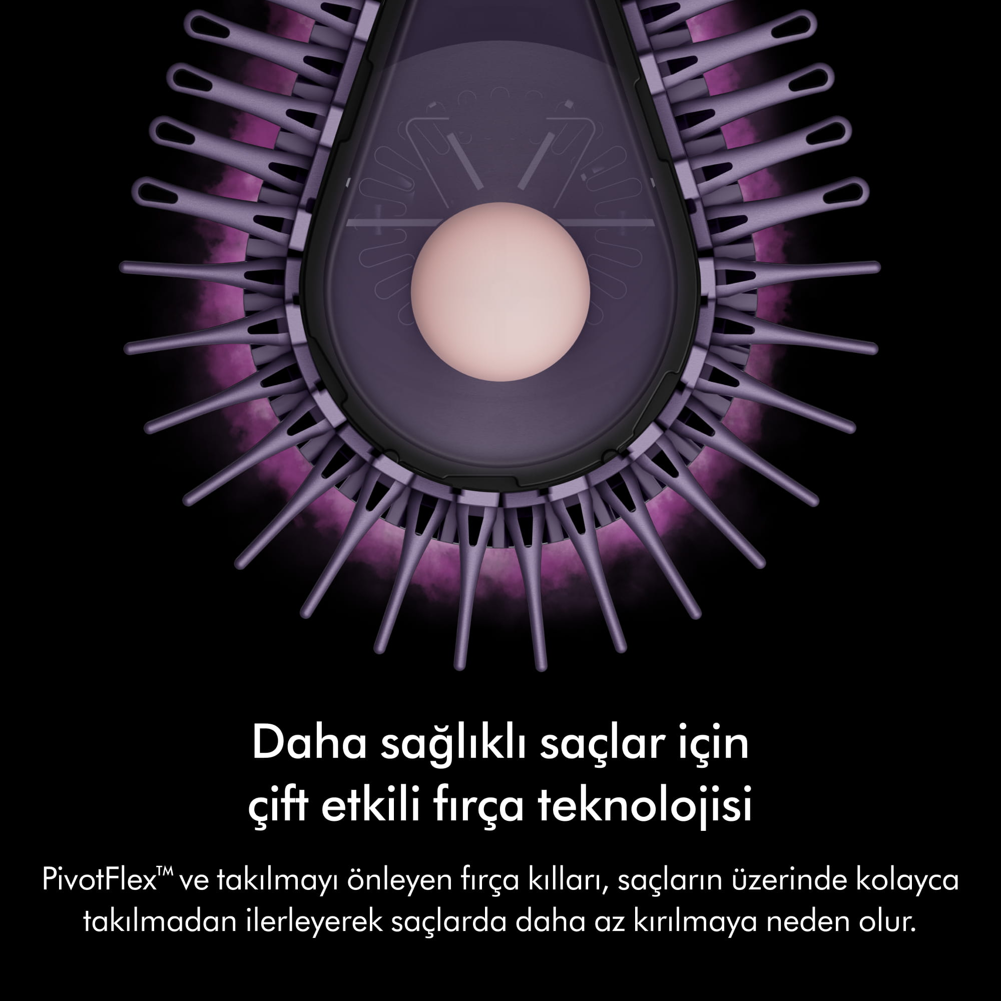 Siyah arka planda pembe sisli, esnek mor kıllara sahip tarak ve altında Türkçe metin.