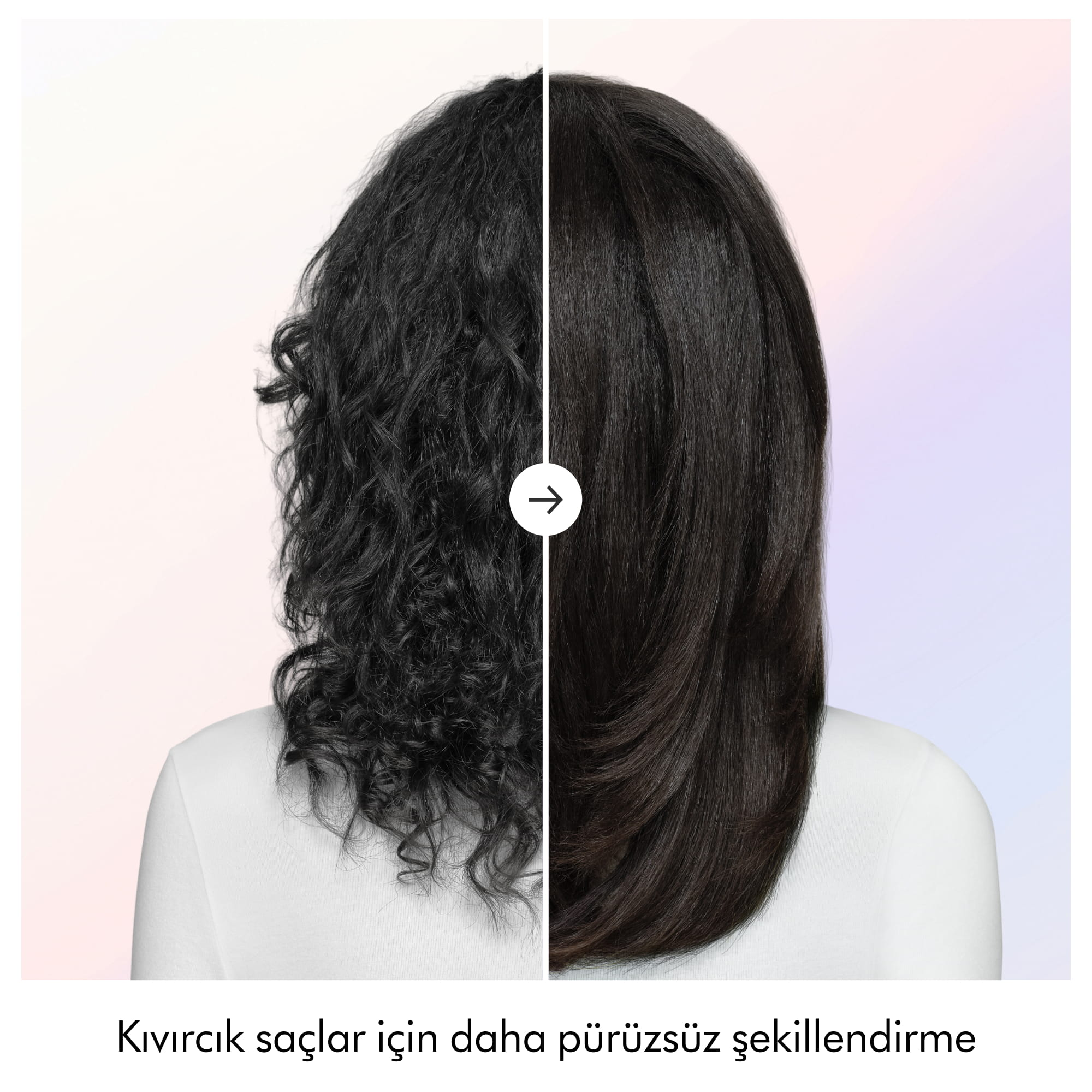 Açık arka planda ortasında bir ok olan kıvırcık ve daha düzgün koyu saçların karşılaştırması.
