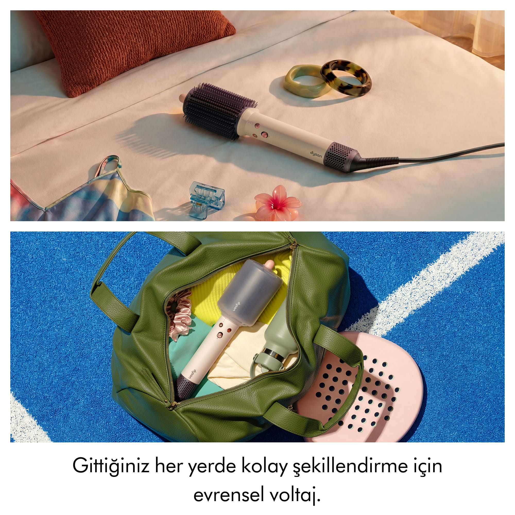 Yatakta ve mavi zemin üzerinde yeşil çanta içinde Dyson saç şekillendirici.