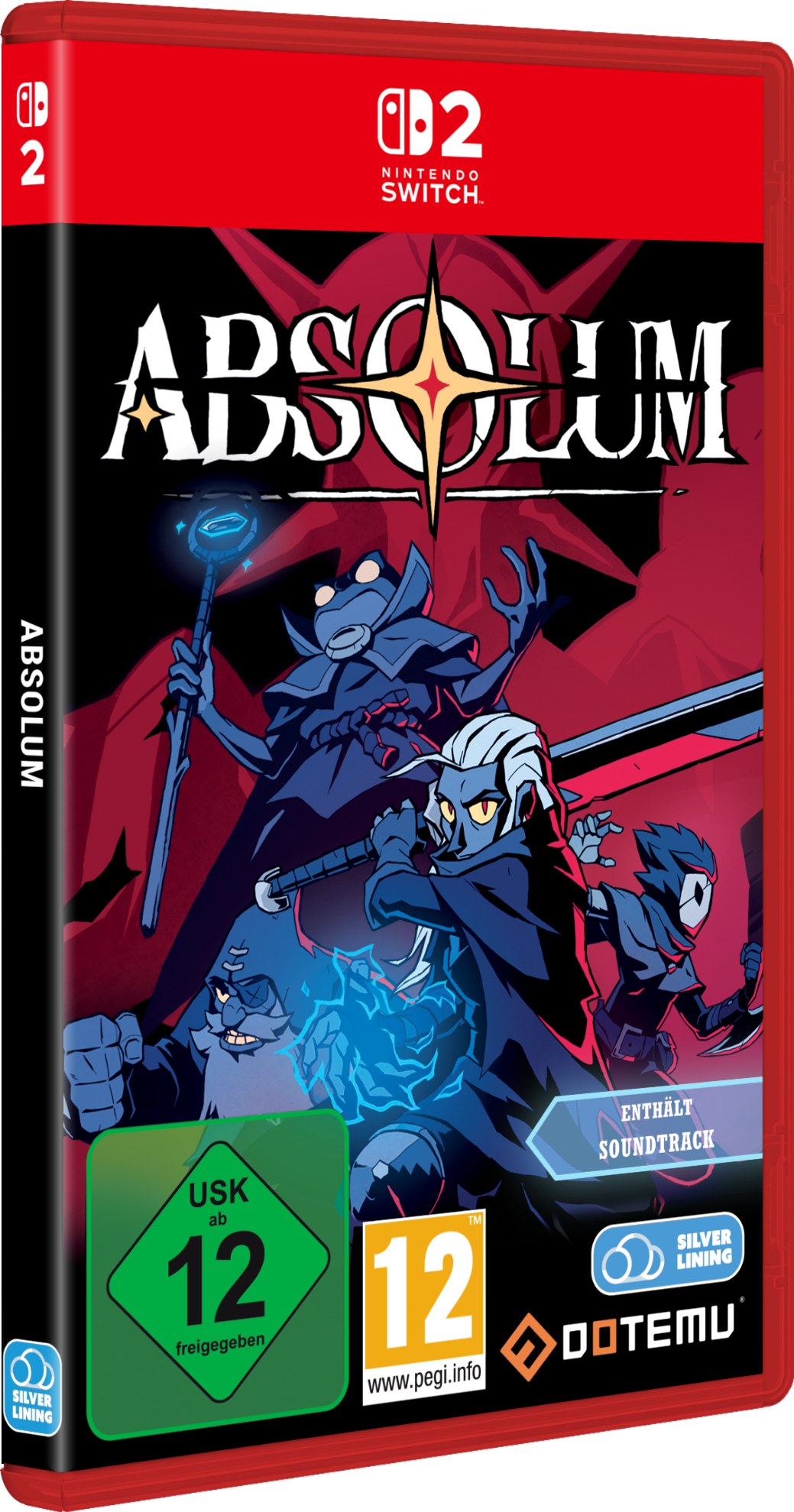 Absolum Nintendo Switch-Spielcover mit animierten Fantasy-Charakteren vor rotem Hintergrund.