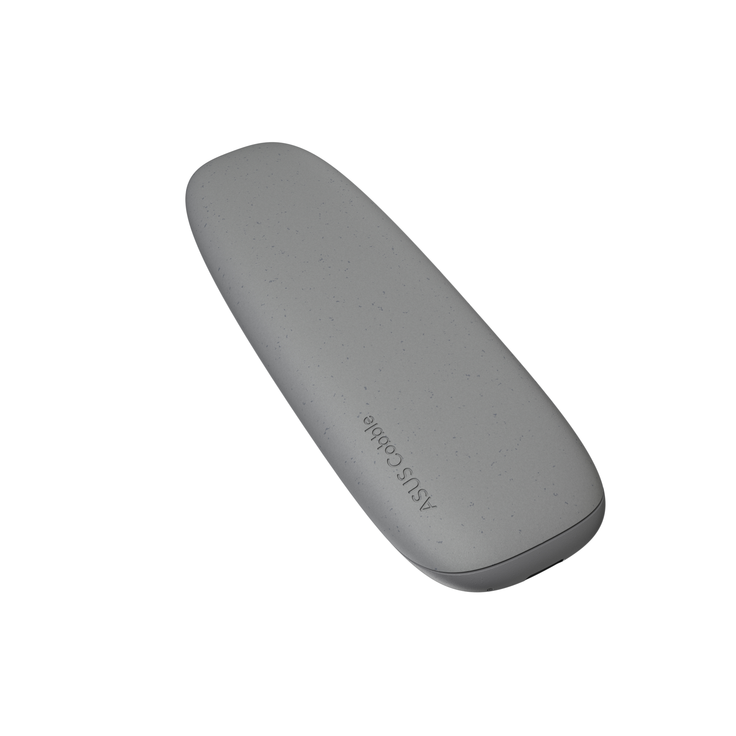 Eine schräge Draufsicht auf ein graues, gesprenkeltes Asus Cobble Gerät vor weißem Hintergrund.