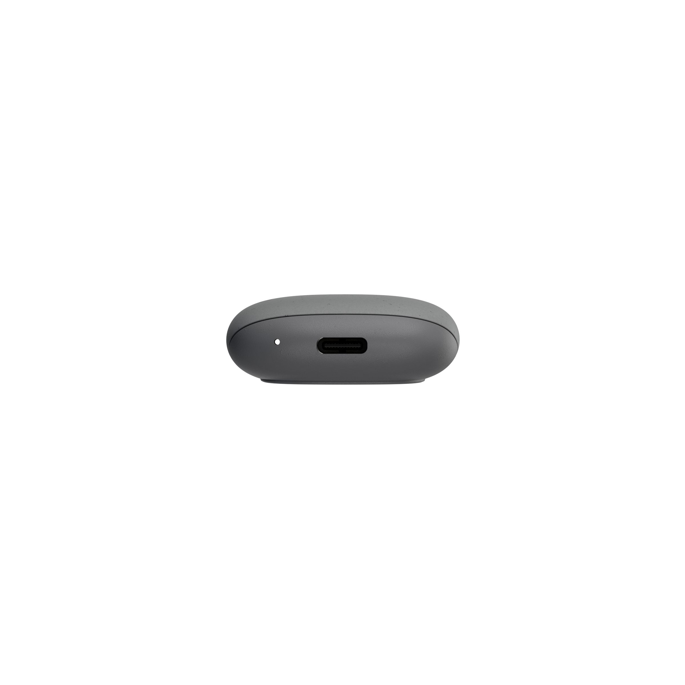 Graues, abgerundetes Ladecase mit USB-C-Anschluss und kleiner LED auf weißem Hintergrund.