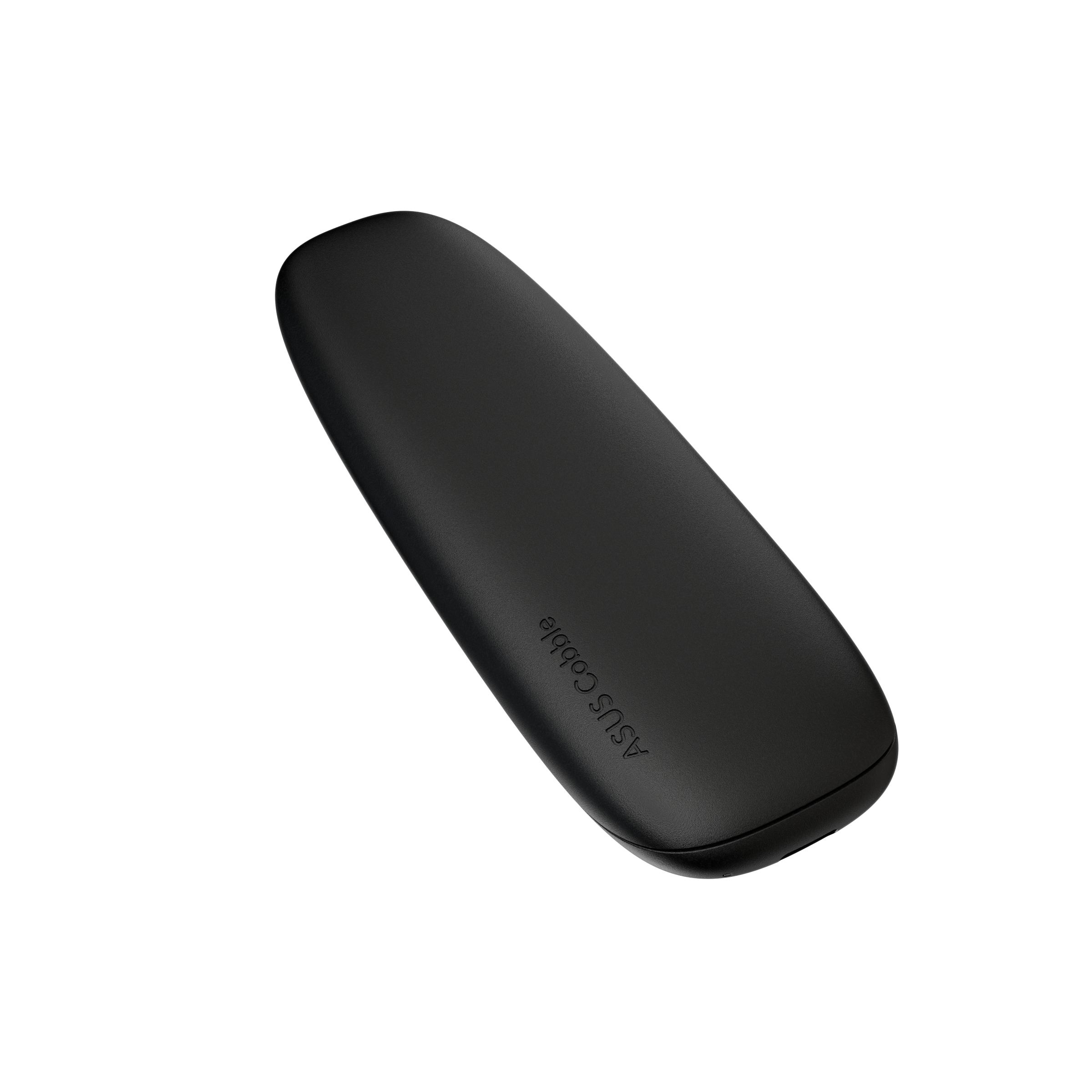 Schwarze, ovale ASUS Cobble-Fernbedienung auf weißem Hintergrund.