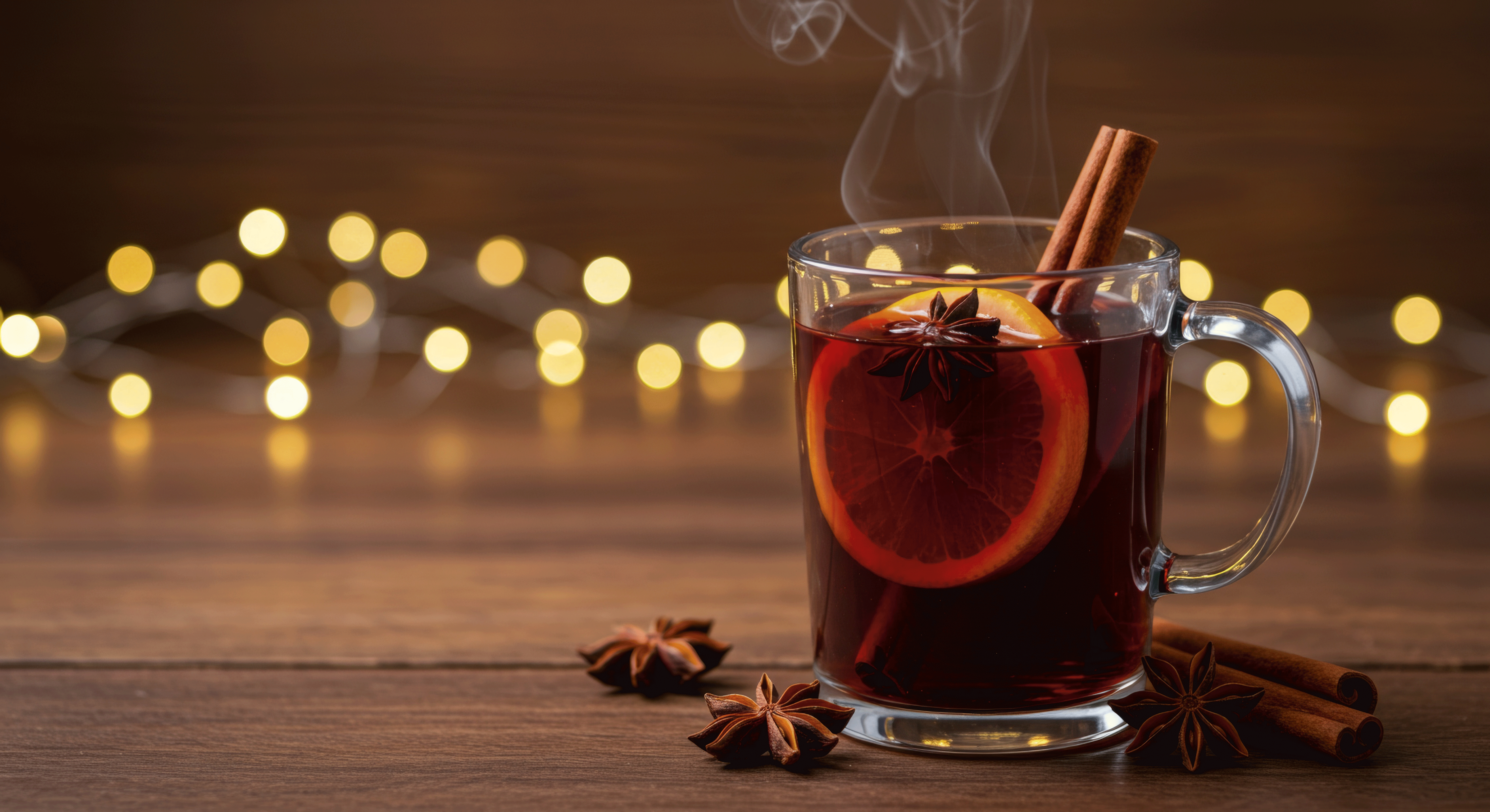 Eine Glas Tasse Glühwein mit Orangenscheibe, Zimtstangen und Sternanis auf Holztisch vor Lichtern.