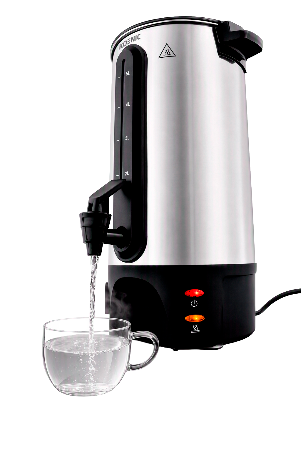 Ein silberner Wasserkocher füllt eine klare Tasse mit heißem Wasser.