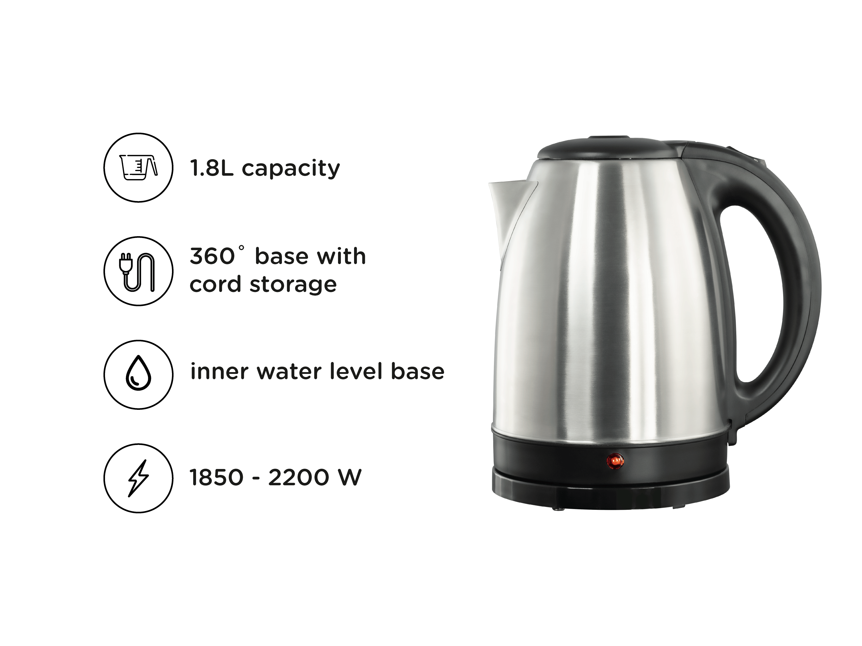 Hervidor eléctrico de acero inoxidable con asa negra y características como capacidad de 1,8 L.