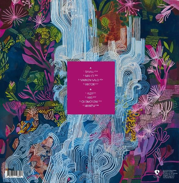 Ein farbenfrohes Kunstwerk mit einem rosa Textfeld in der Mitte, umgeben von floralen Mustern und fließenden Linien.