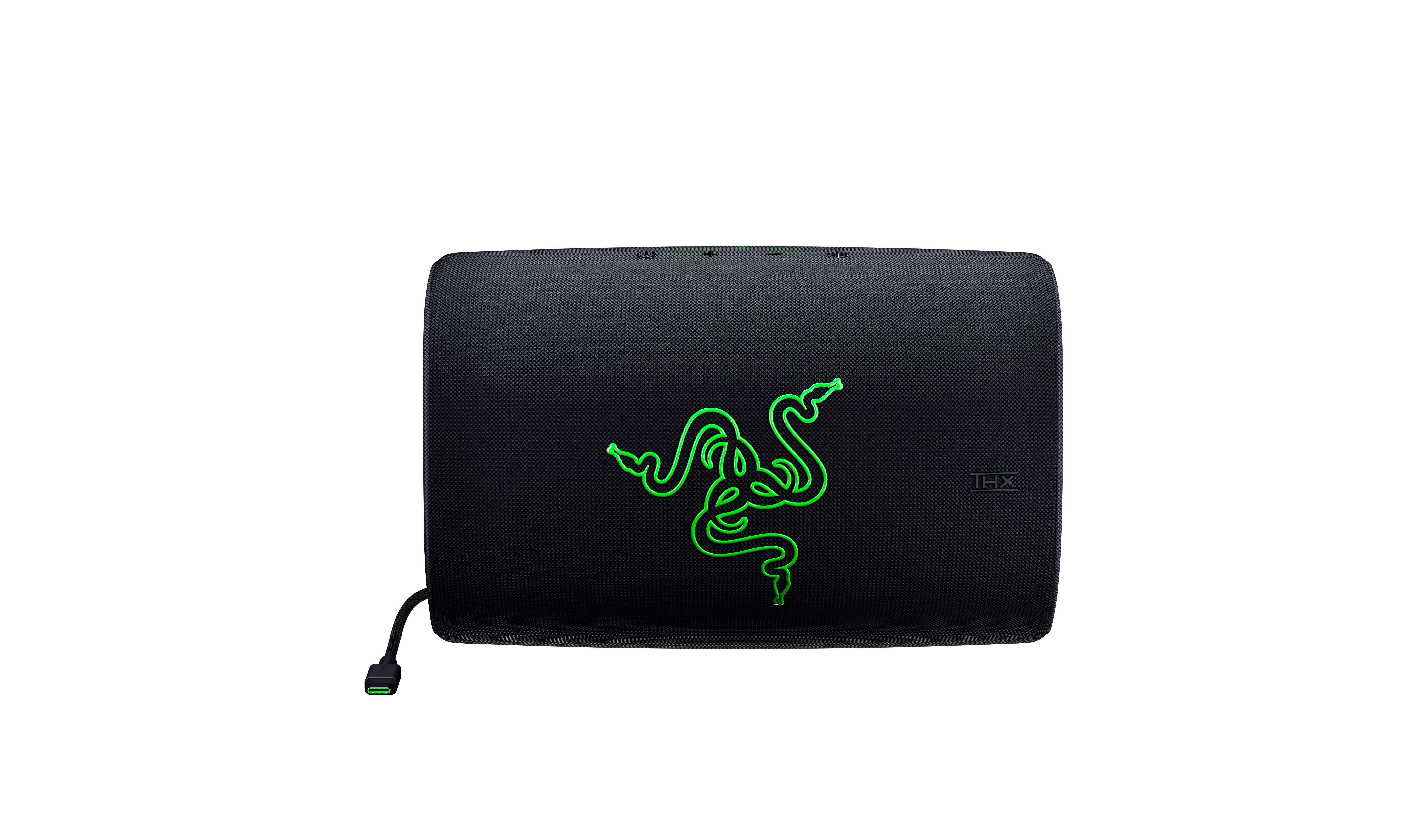 Schwarzer Razer-Lautsprecher mit grünem Schlangen-Logo und angeschlossenem Kabel vor weißem Hintergrund.