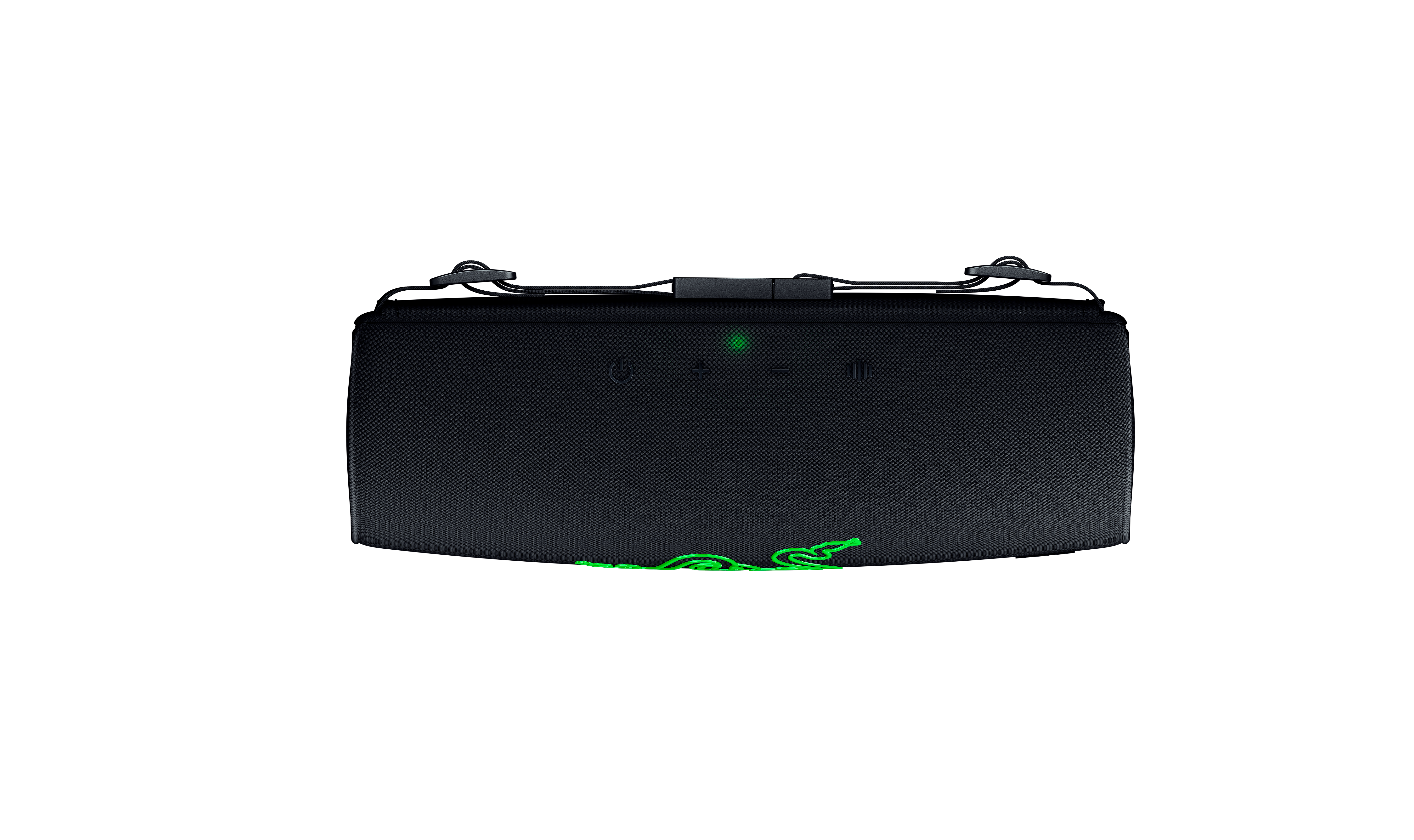 Schwarzer Bluetooth-Lautsprecher von oben mit grünen LED-Leuchten und Tragegurt gegen einen weißen Hintergrund.