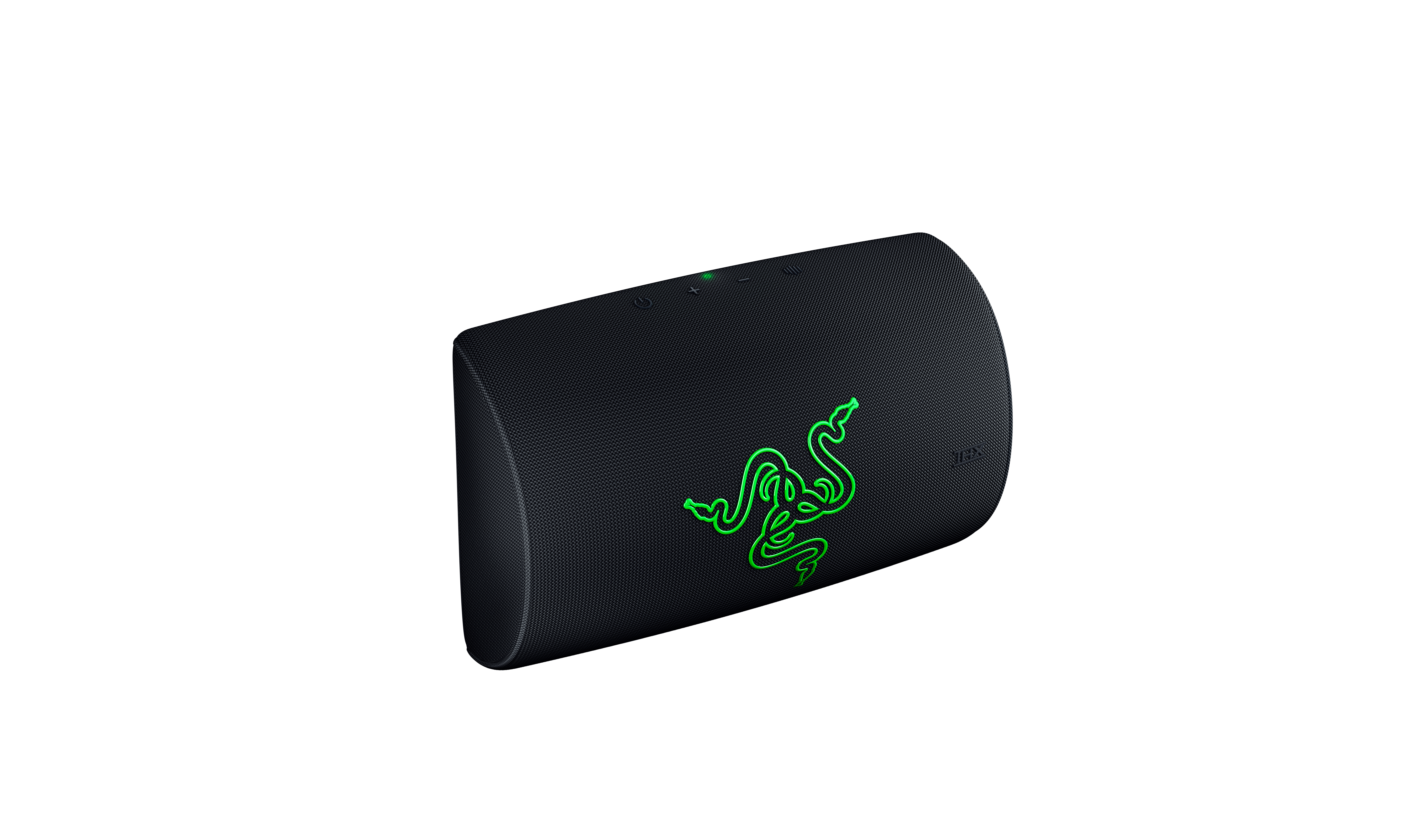 Ein schwarzer kabelloser Razer-Lautsprecher mit einem leuchtend grünen Logo auf weißem Hintergrund.