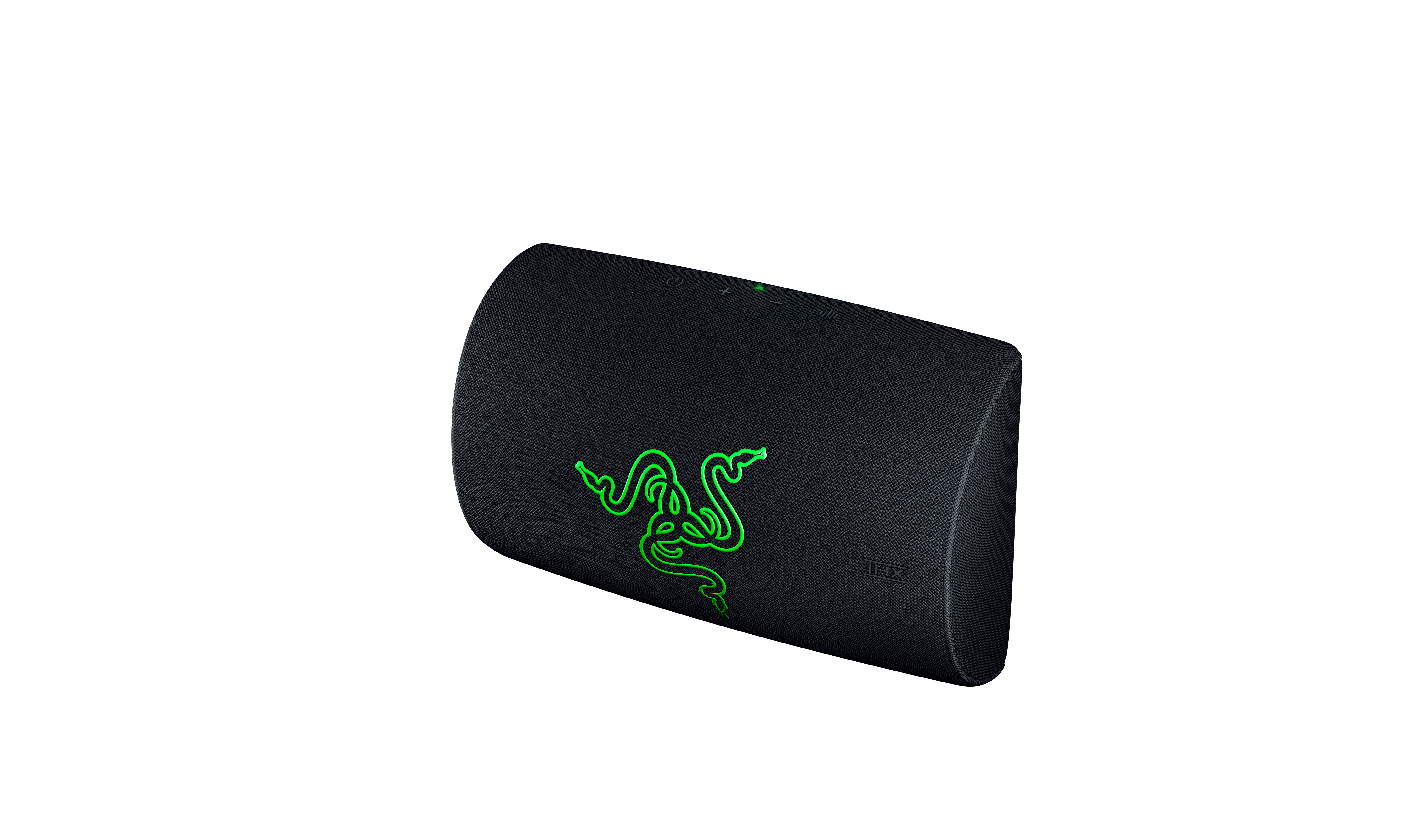 Schwarzer Razer-Bluetooth-Lautsprecher mit leuchtend grünem Logo auf der Vorderseite gegen weißen Hintergrund.