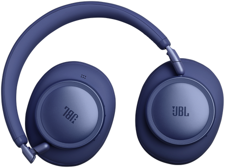 Kék JBL fülhallgató fekete háttér előtt.