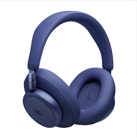 Kék JBL over-ear fejhallgató fekete háttér előtt.