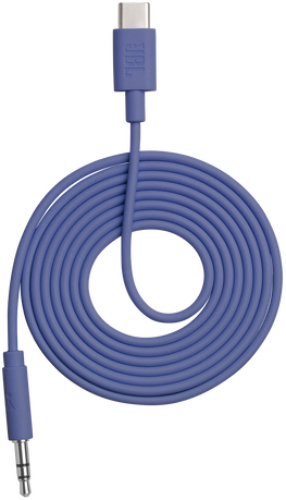 Egy feltekert, lila színű JBL audiokábel, felül USB-C csatlakozóval, alul 3,5 mm-es jack csatlakozóval, fekete háttérrel.