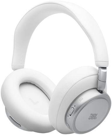 Fehér JBL fülhallgató ezüst részletekkel fekete háttér előtt.
