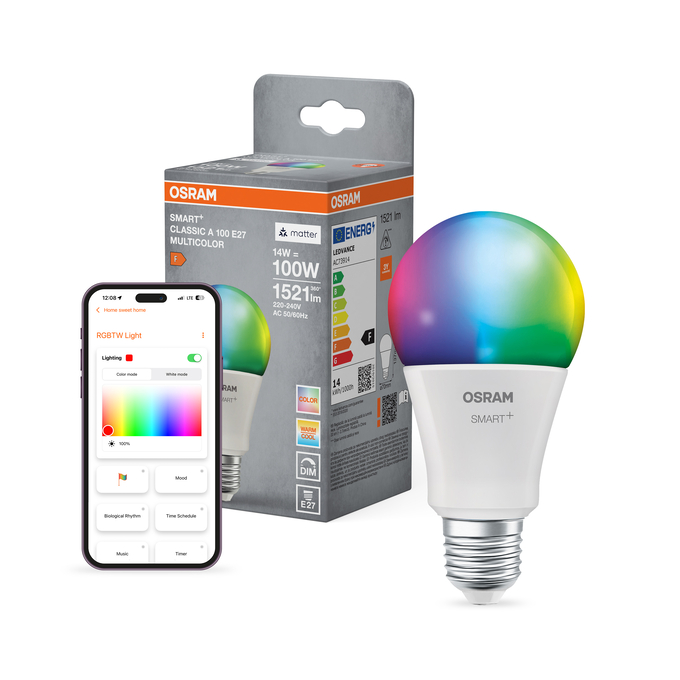 Osram Smart+ LED izzó, doboz és okostelefon vezérlőalkalmazással.