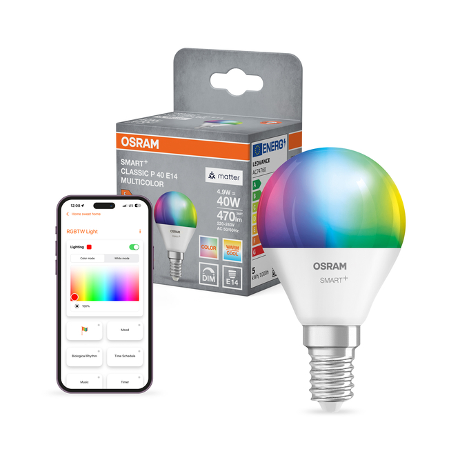 Osram Smart+ LED izzó, csomagolás és okostelefon alkalmazás színszabályozással.