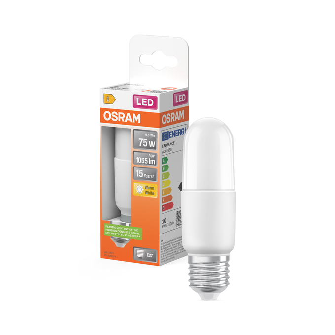 Osram cső alakú LED égő a termékcsomagolás előtt, technikai adatokkal.