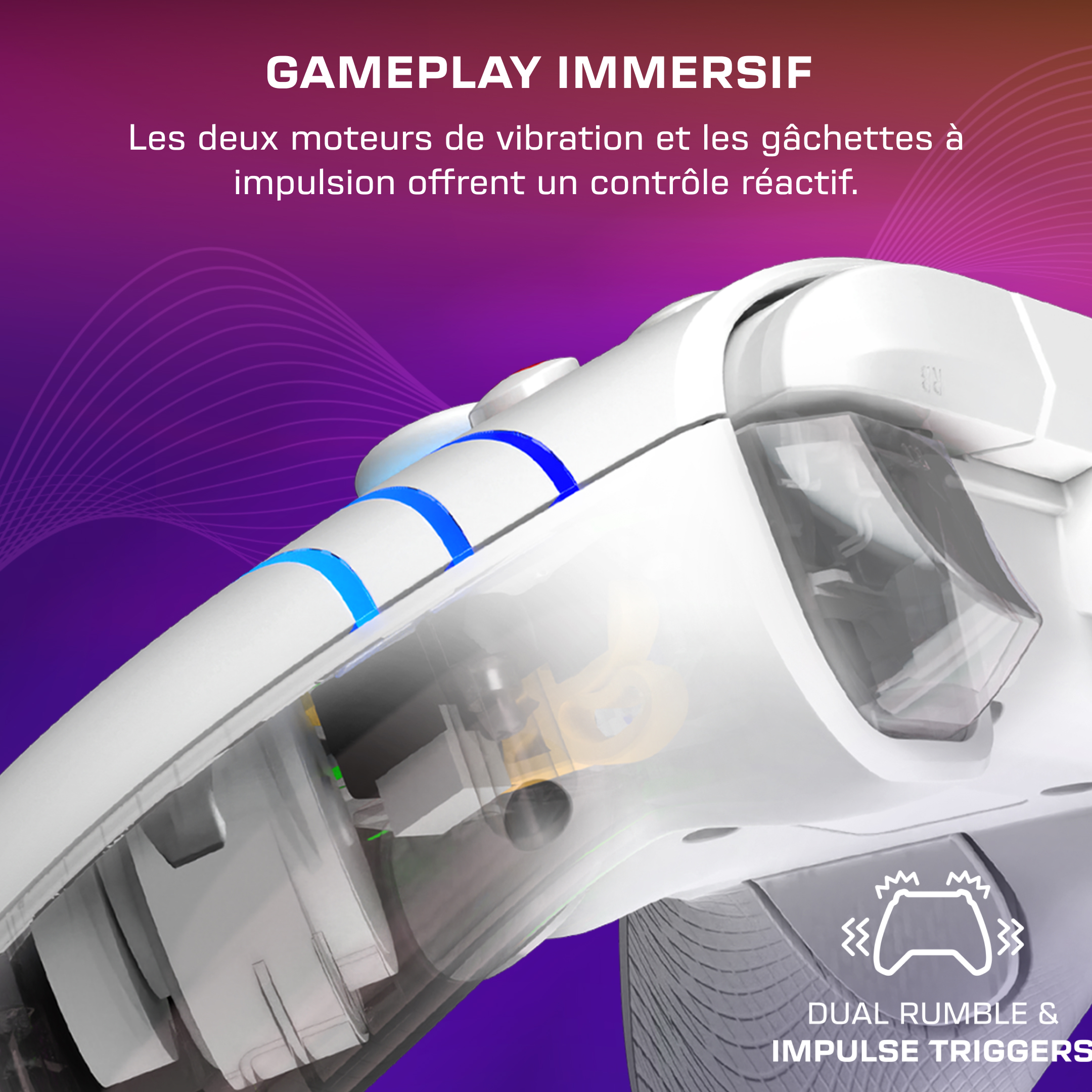 Gros plan d'une manette de jeu blanche avec coque transparente, montrant les pièces internes et des accents bleus.