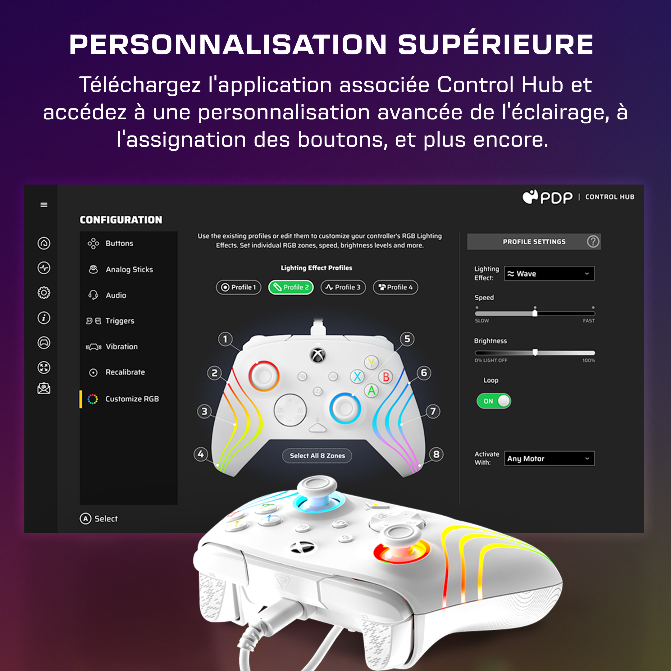 Capture d'écran du logiciel PDP Control Hub pour la personnalisation de manette.