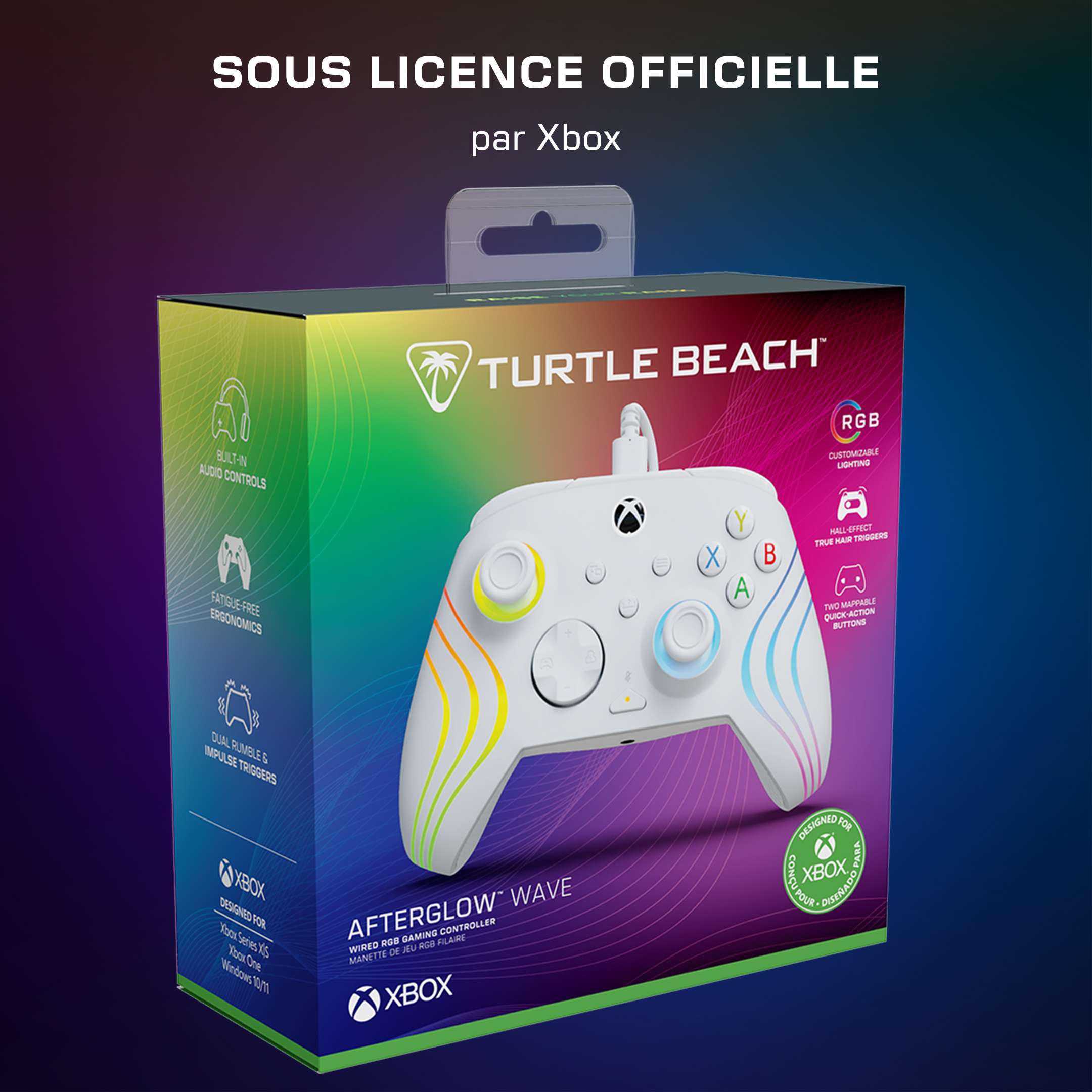 Manette Xbox Turtle Beach Afterglow Wave dans un emballage coloré avec des accents vifs.