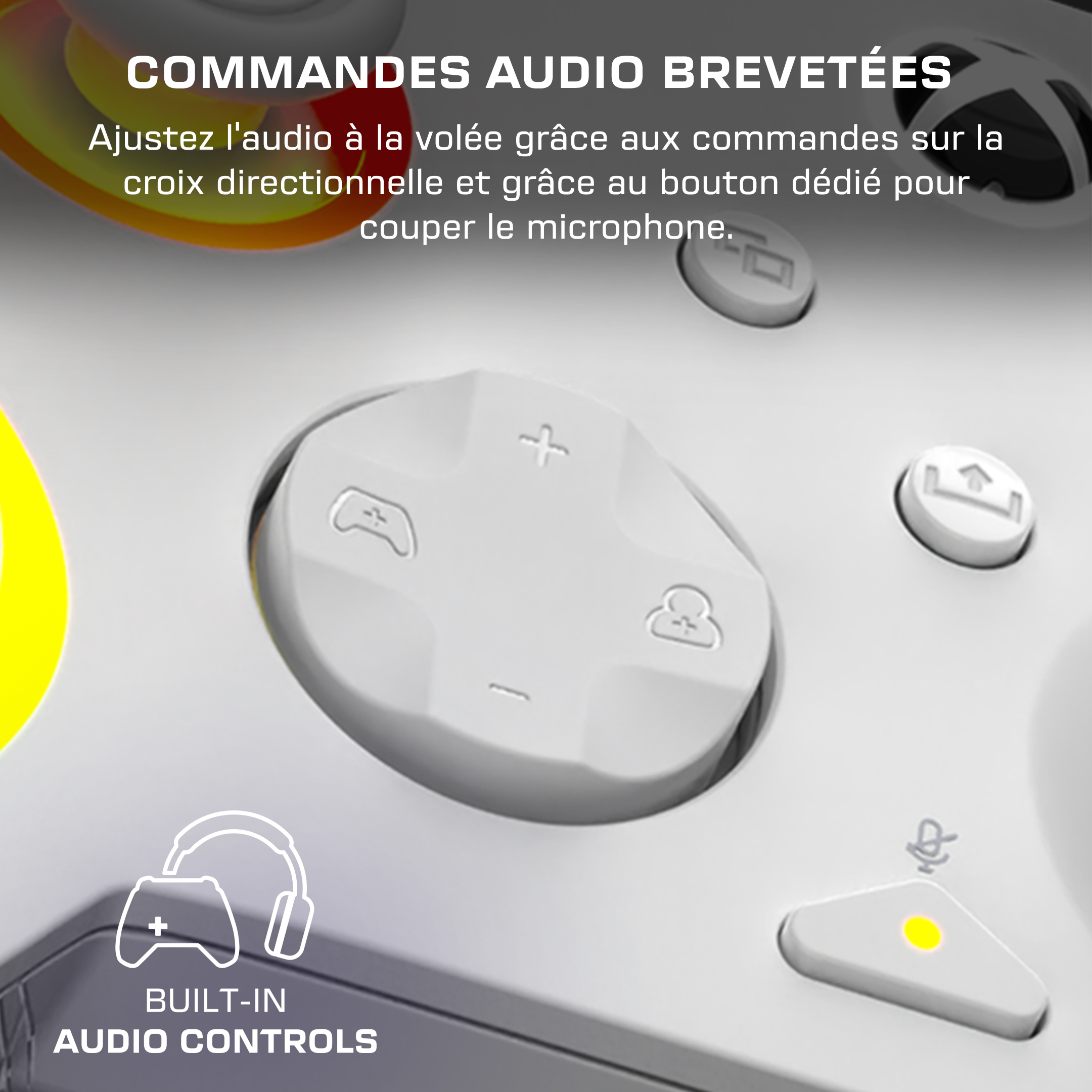Gros plan d'une manette blanche mettant en valeur les icônes de commande audio et un bouton de sourdine.
