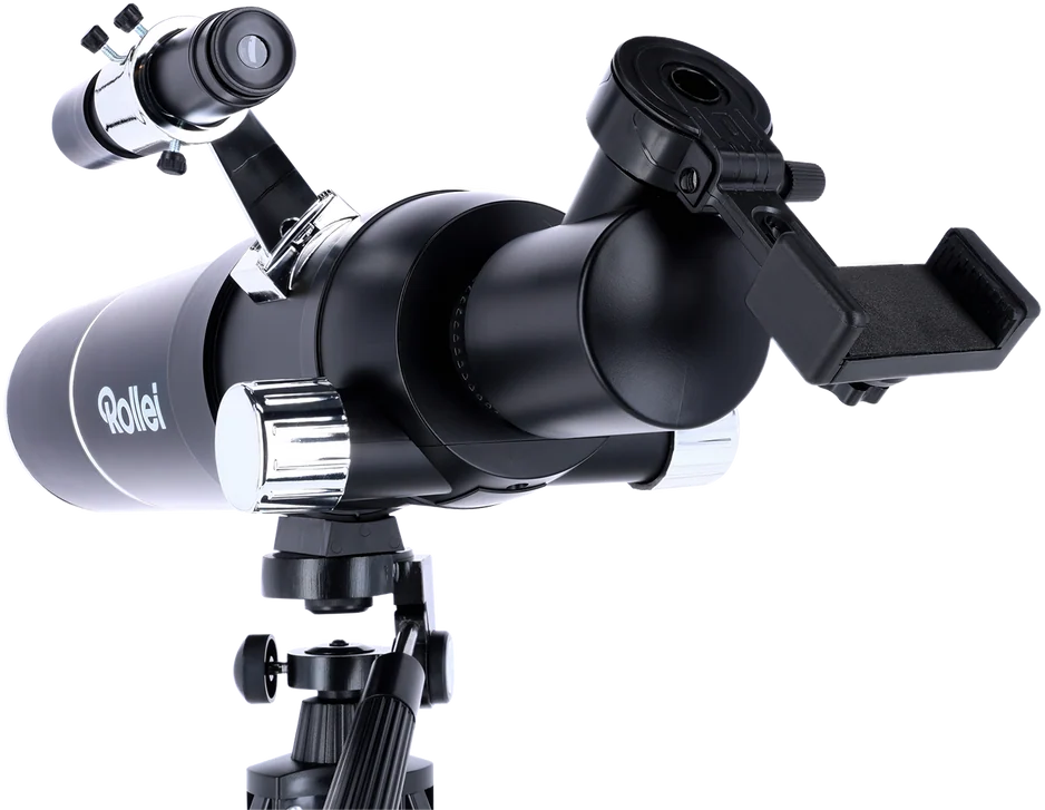 Un telescopio Rollei nero con treppiede e supporto per smartphone su sfondo nero.