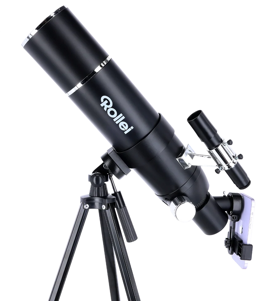 Telescopio nero Rollei su treppiede con supporto per smartphone.