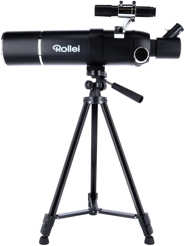 Telescopio Rollei nero montato su treppiede su sfondo scuro.