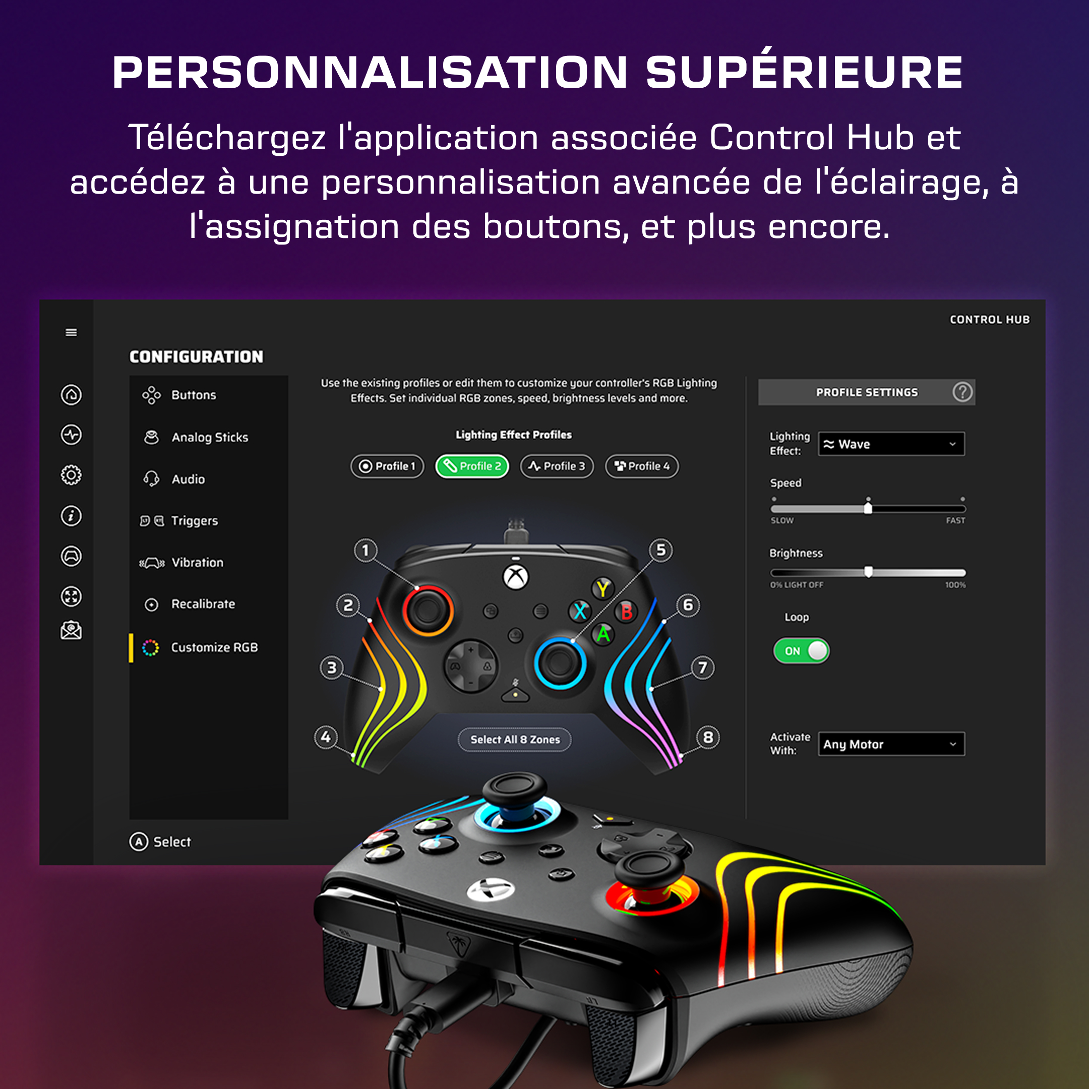 Interface logicielle Control Hub affichant les réglages d'éclairage RGB et de boutons.