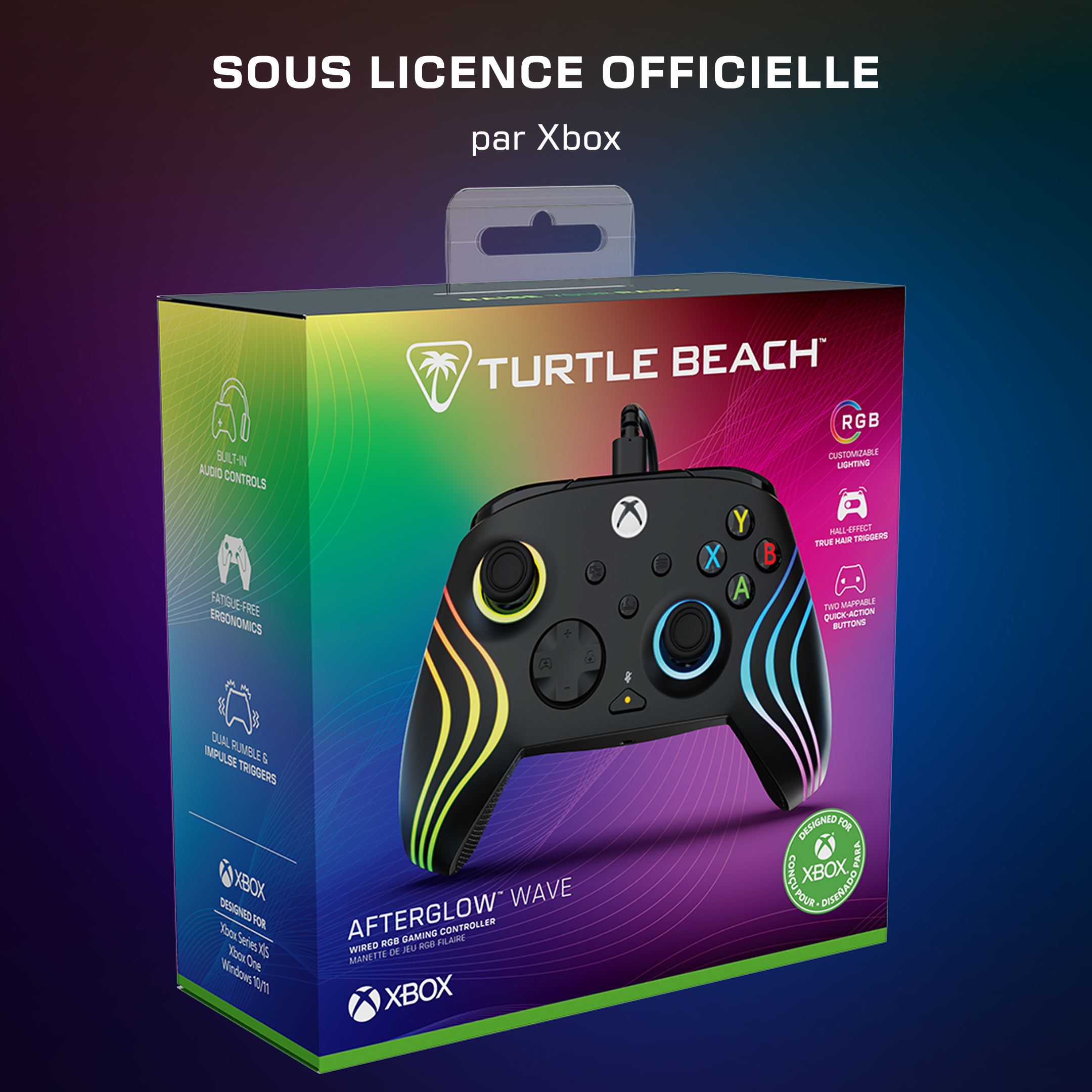 Manette Turtle Beach Afterglow Wave Xbox dans un emballage coloré avec éclairage RGB.