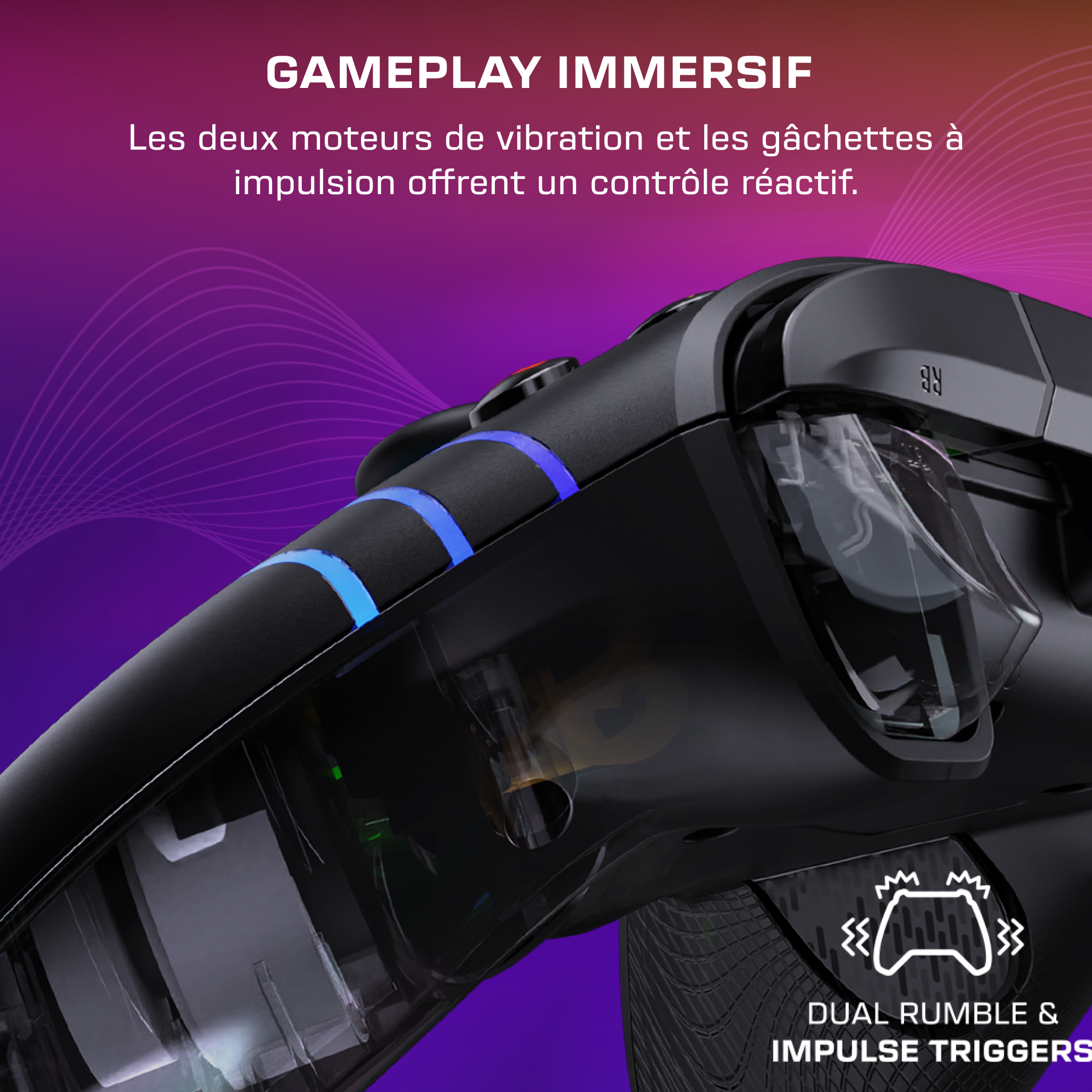 Gros plan d'une manette noire avec des accents bleus, des parties transparentes et du texte.