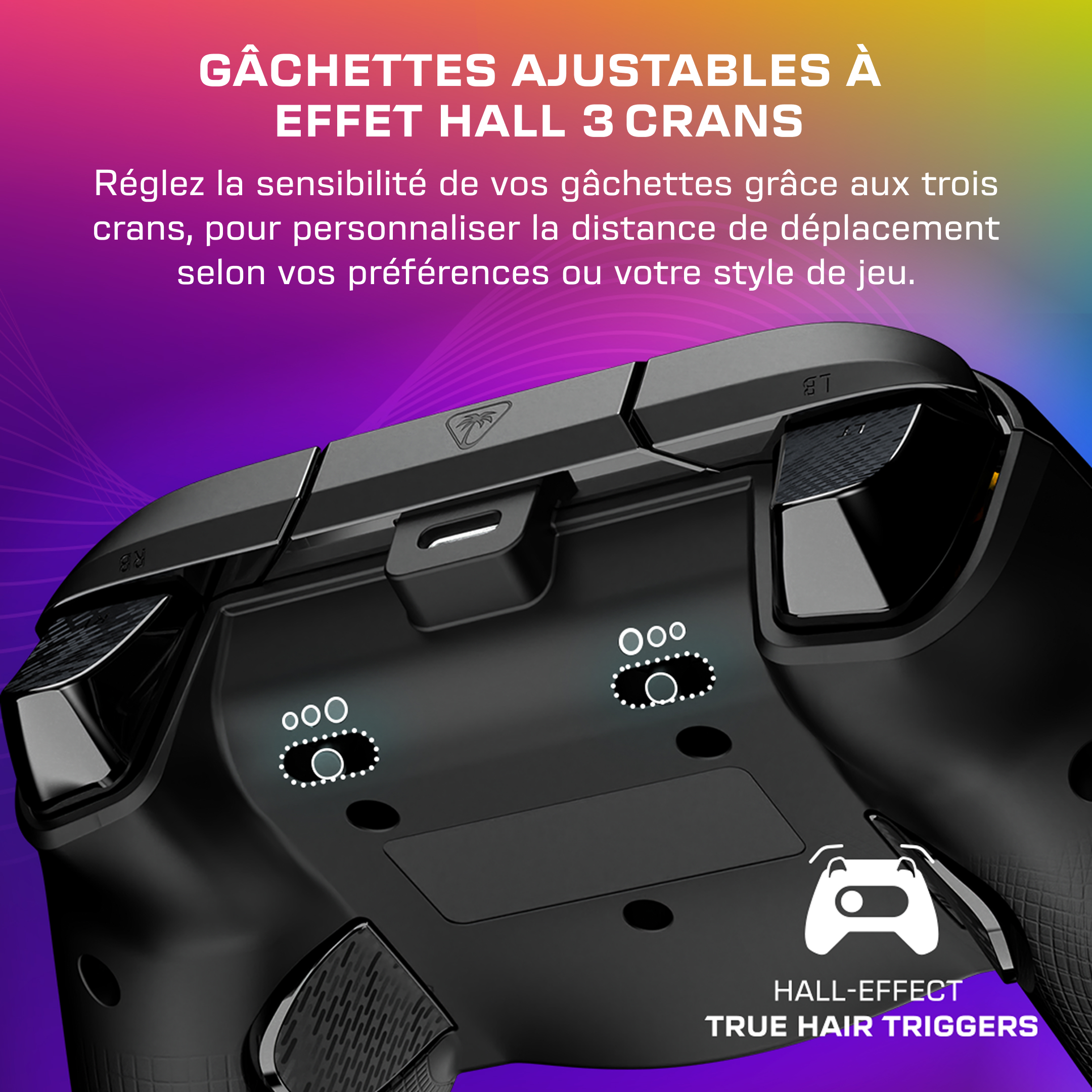 Gros plan sur l'arrière d'une manette noire mettant en valeur des gâchettes ajustables.