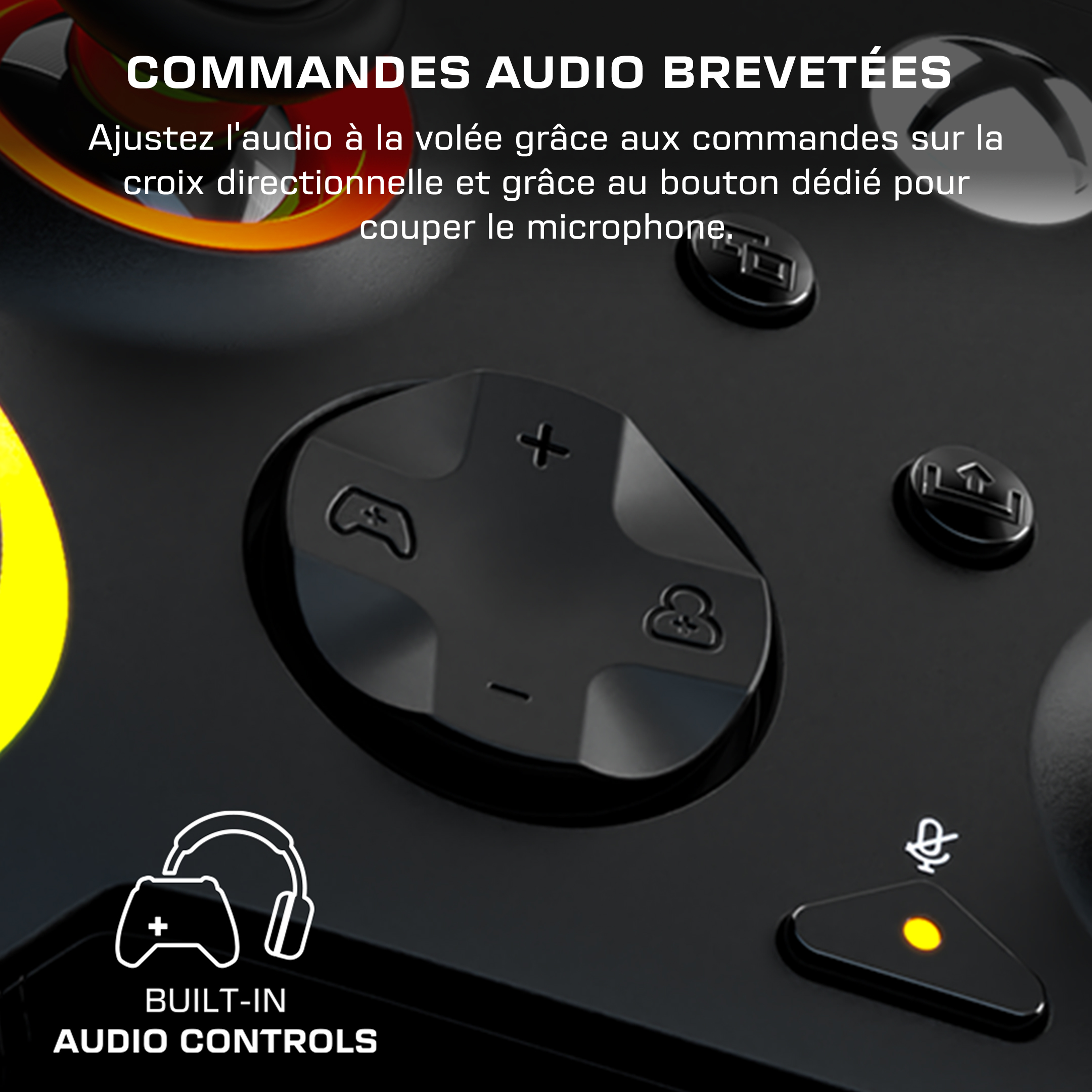 Gros plan d'une manette Xbox se concentrant sur la croix directionnelle et les boutons audio.